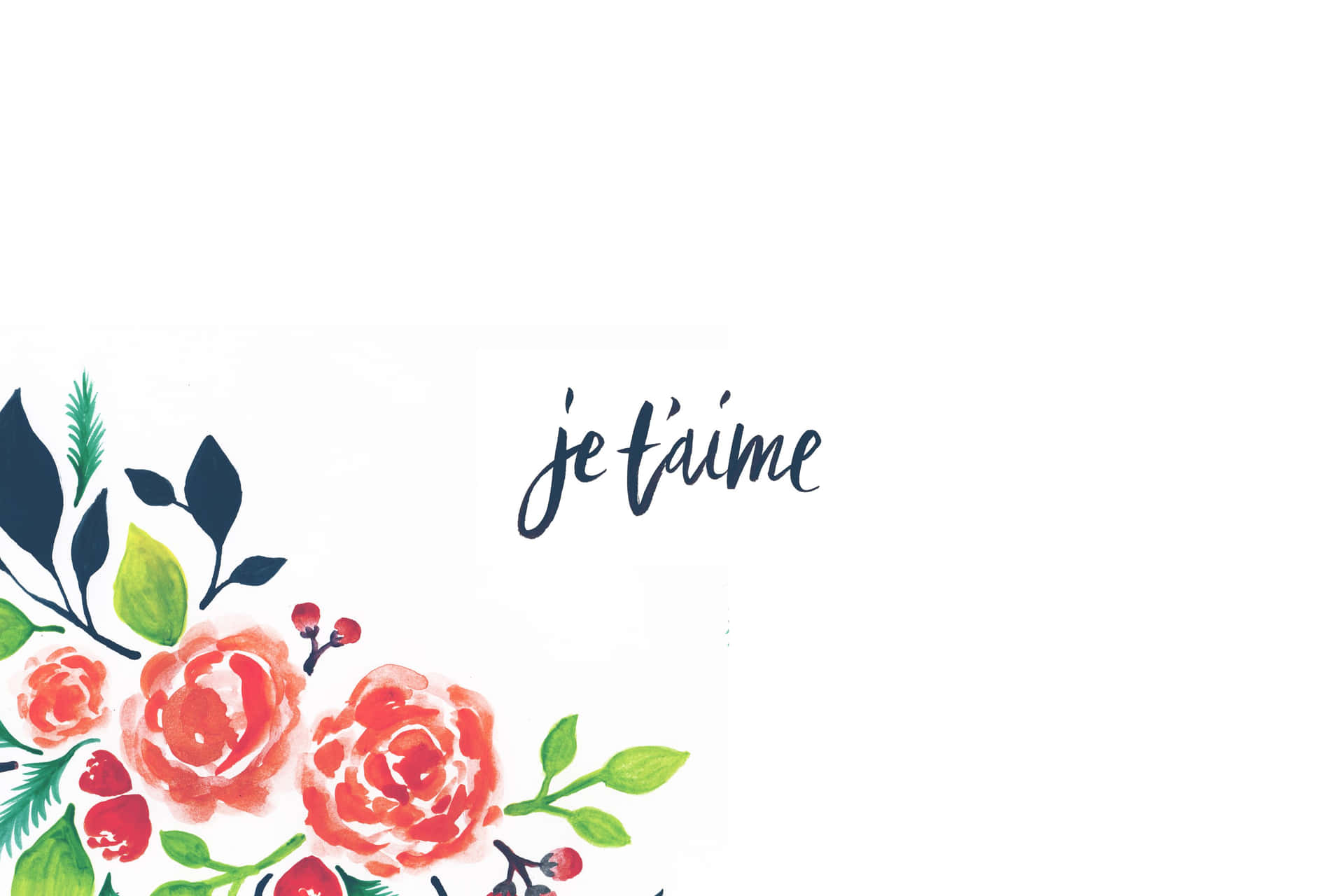水彩花卉設計，帶有紅玫瑰和綠葉，以及手寫 je t'aime 文字。