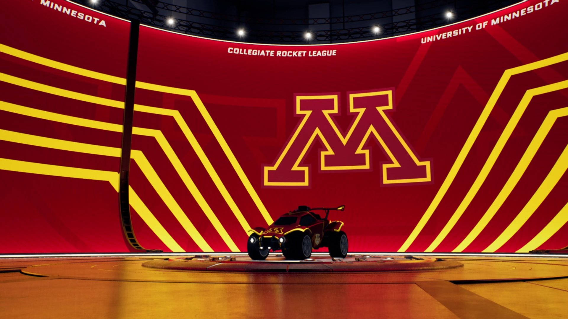帶有明尼蘇達大學品牌的舞台上的Rocket League汽車。
