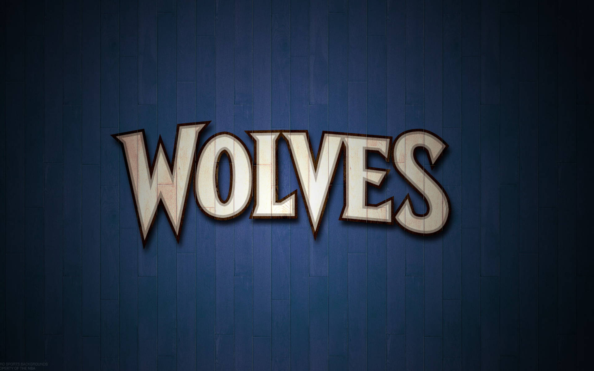 明尼蘇達森林狼隊隊名標誌 壁紙 — 大膽的木製 'WOLVES' 標誌，帶有磨損紋理，安裝在深藍色垂直木鑲板上。