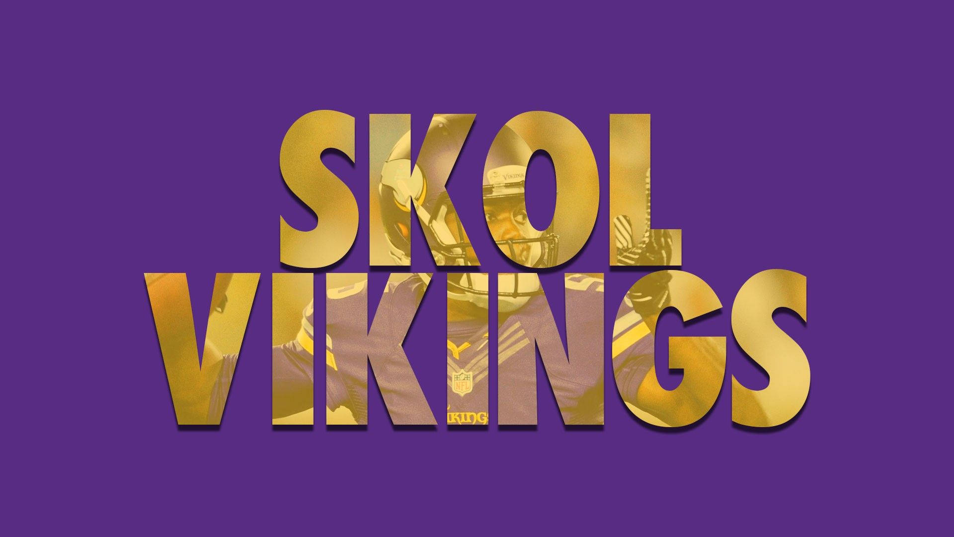 紫色背景，金色 3D 文字 'SKOL VIKINGS'，帶有足球員剪影。