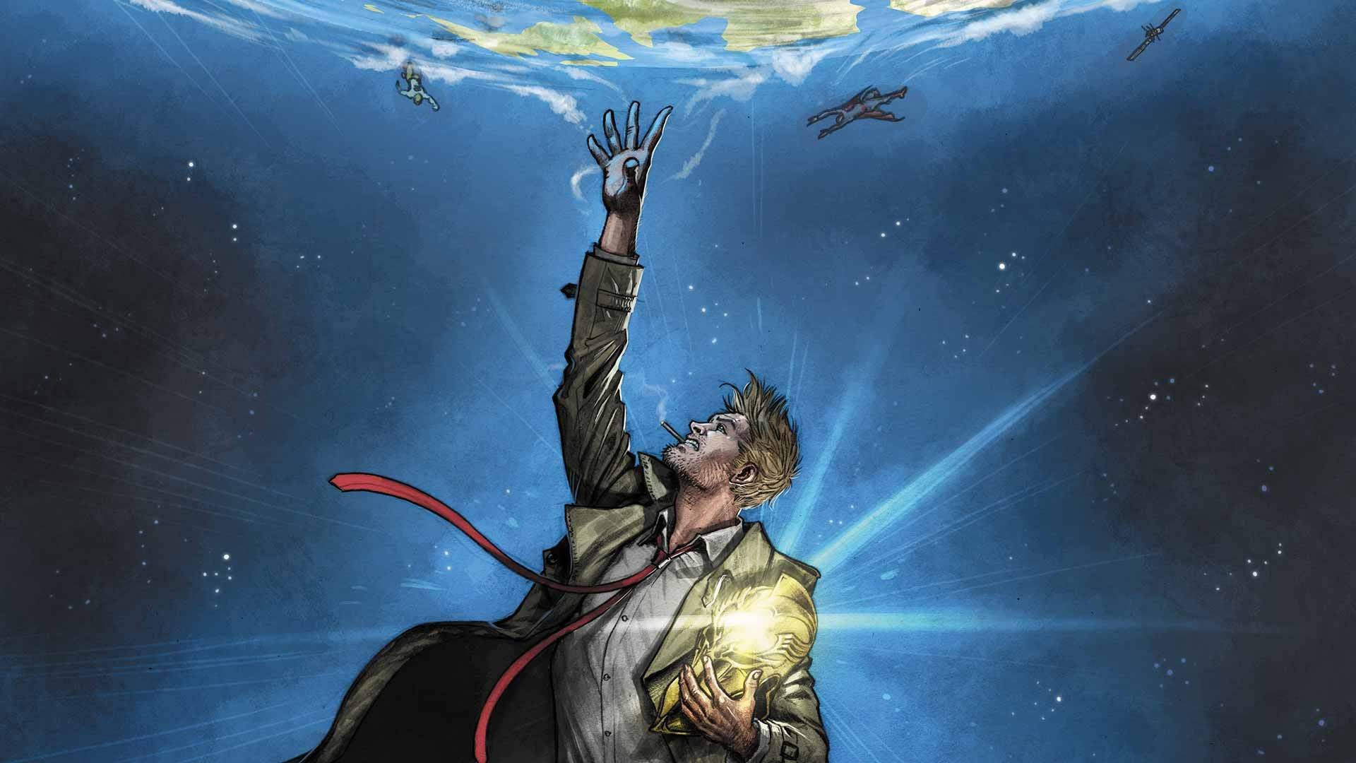 明日傳奇康斯坦丁數位藝術 壁紙 — 一名穿著風衣的男子在水下向上伸手，朝向漂浮的人物和一個發光的球體，背景是星空藍色深淵。