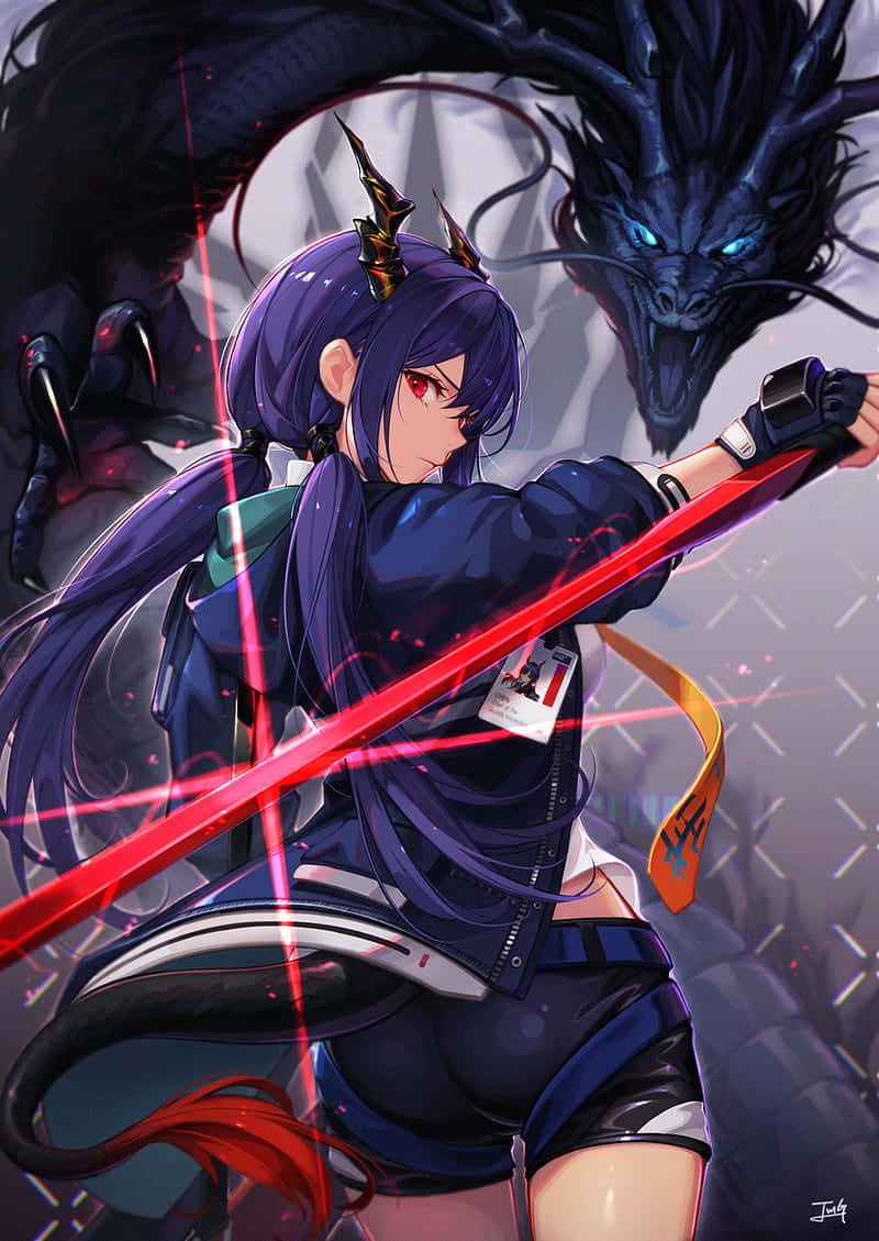 明日方舟琴師陳與黑龍 壁紙 — 一位紫髮動漫女孩在動態戰鬥場景中揮舞著發光的紅色劍對抗逼近的黑暗巨龍。