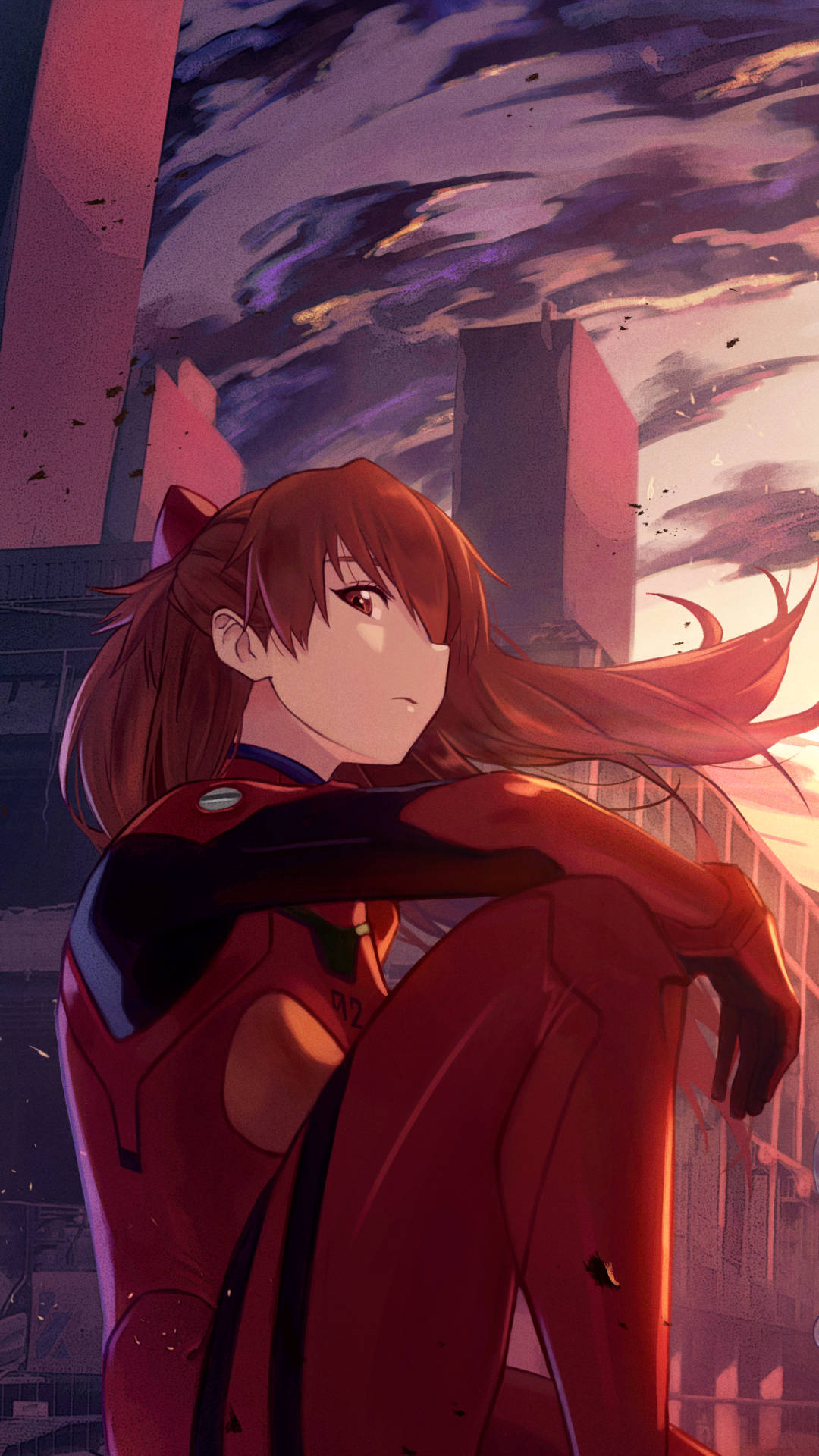穿著紅色插頭服的動漫女孩站在夕陽下的廢墟城市中。