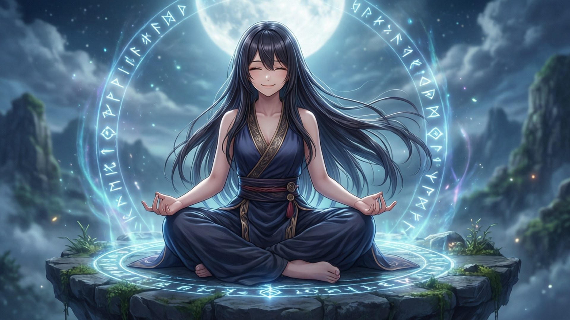 動漫女孩在漂浮的石頭上冥想，身後有發光的符文和滿月。