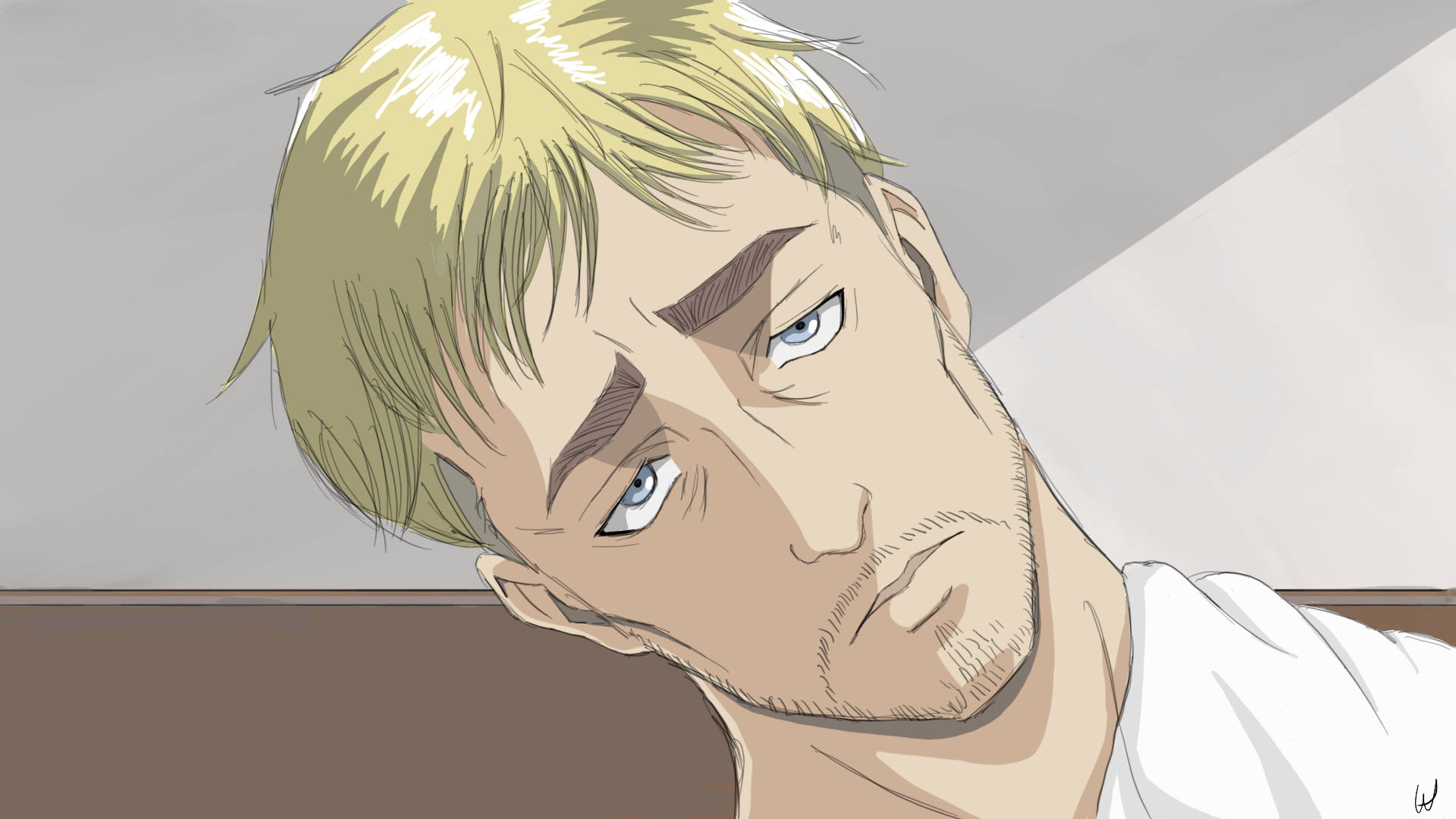 動漫男性角色，金髮藍眼，正強烈地注視著觀眾。