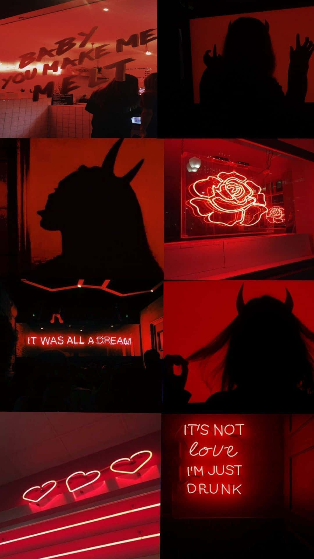 bad 桌布 壁紙 — 昏暗房間中紅色霓虹燈牌與剪影的拼貼，帶有 'baby you make me melt' 和 'it's not love i'm just drunk' 等短語。