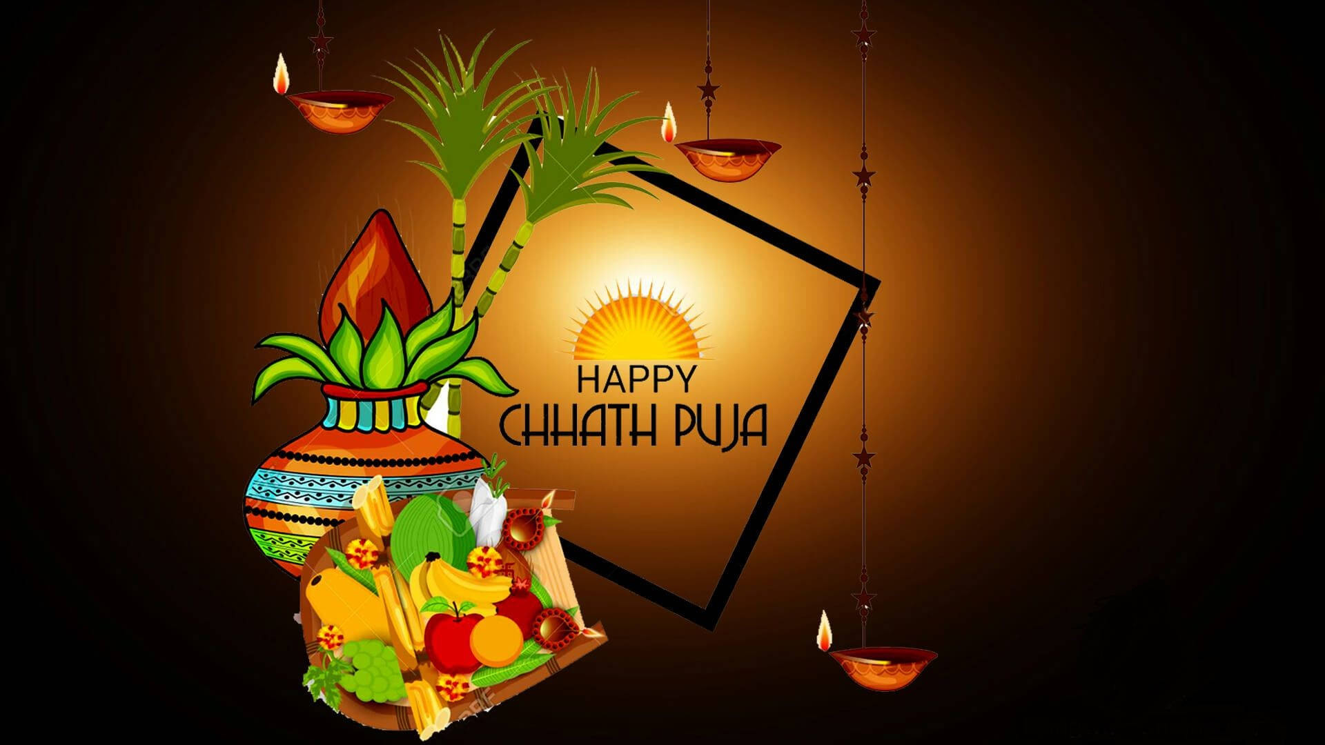 Chhath Puja節日，在太陽符號下設有kalash、diyas和水果供品。