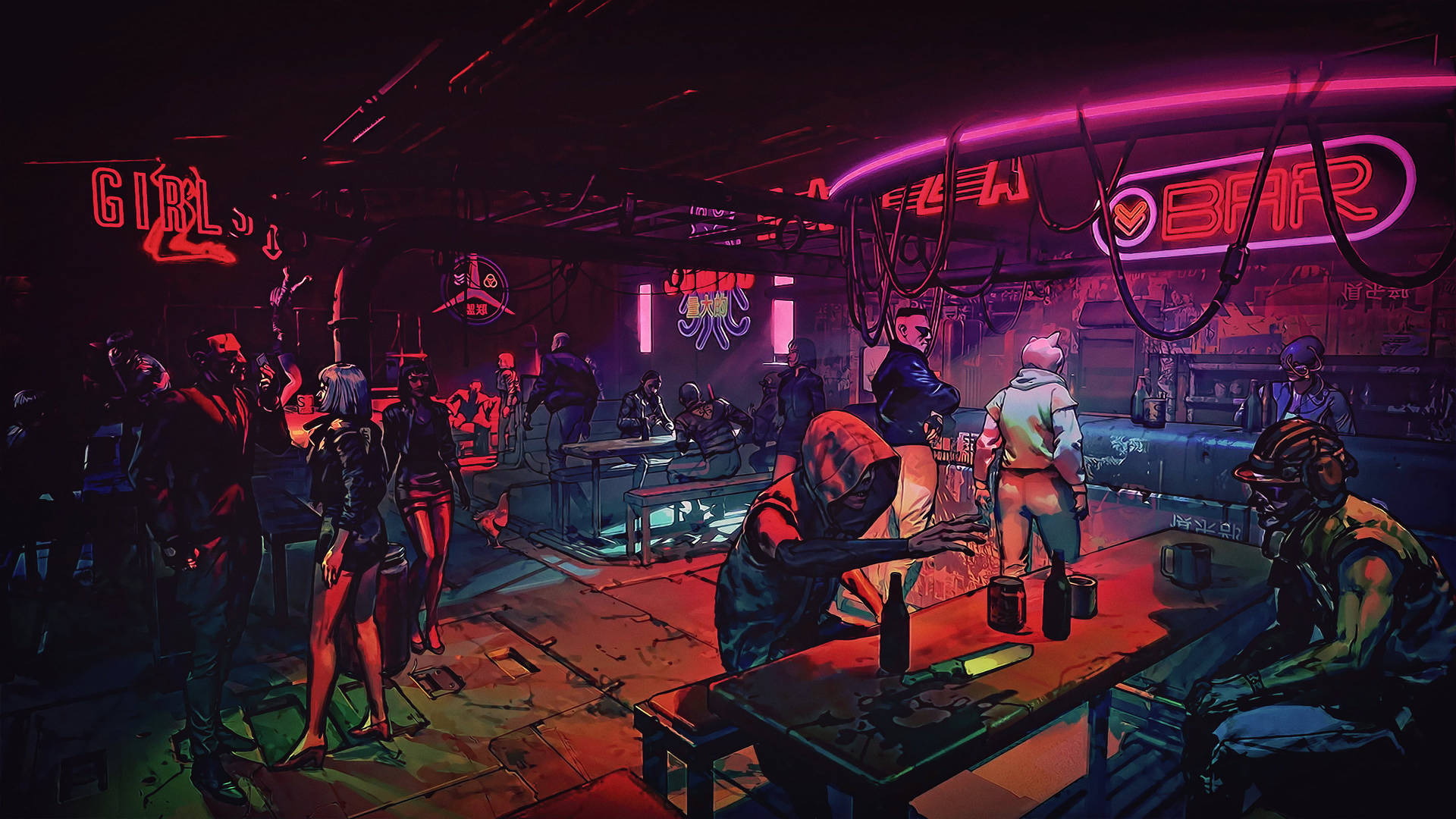 在昏暗的未來主義環境中，霓虹燈下的 cyberpunk 酒吧顧客。