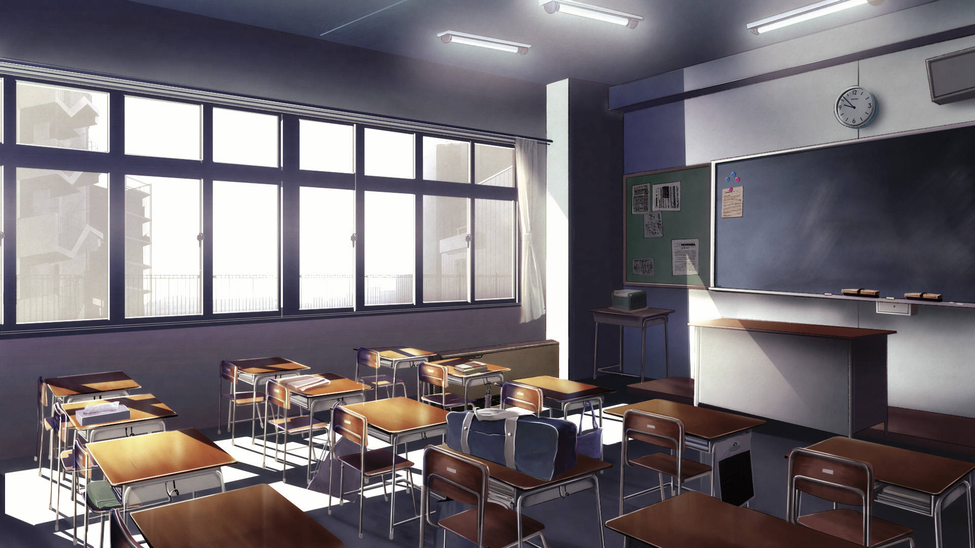 空教室，陽光透過窗戶，木製書桌