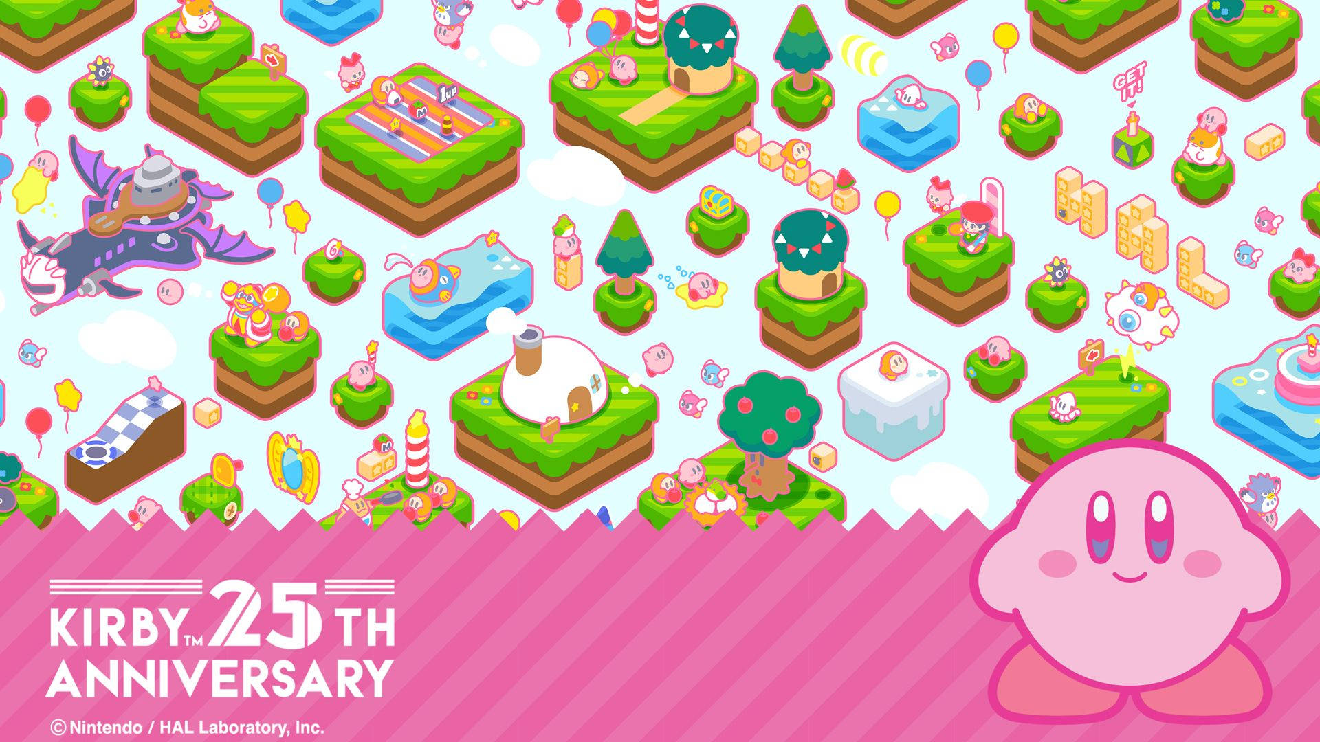Kirby 25 週年慶祝，有浮島和可愛角色。