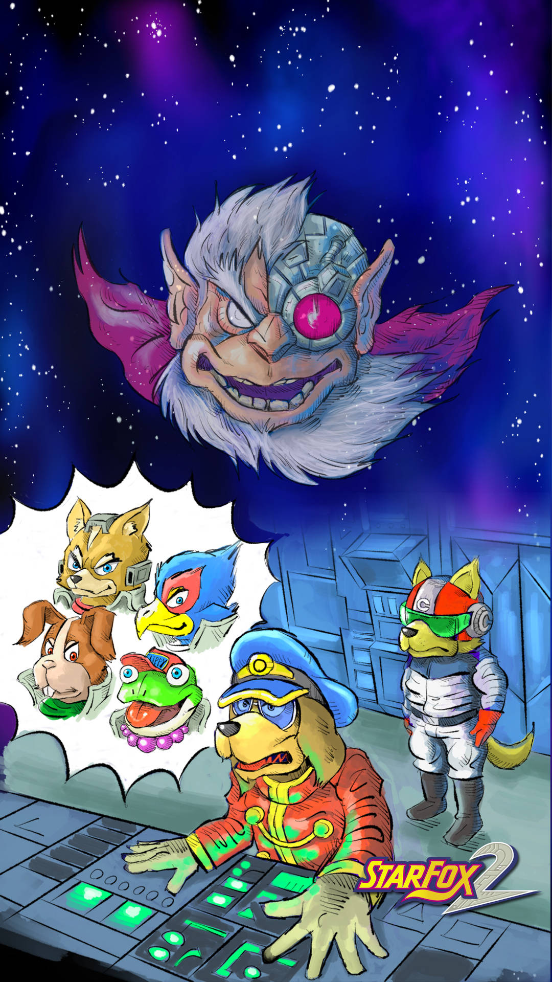 Star Fox 團隊在太空船駕駛艙中對抗太空中的巨型外星人首領。
