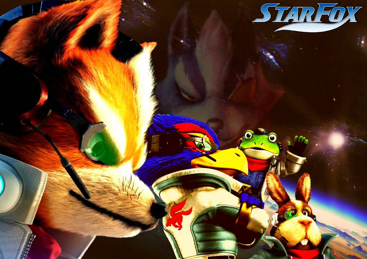 Star Fox 團隊穿著太空服，背後有行星和星場。
