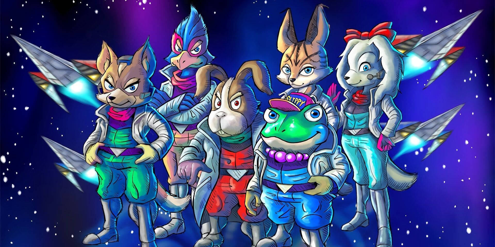 一群動漫動物太空人在太空中與發光的飛船。