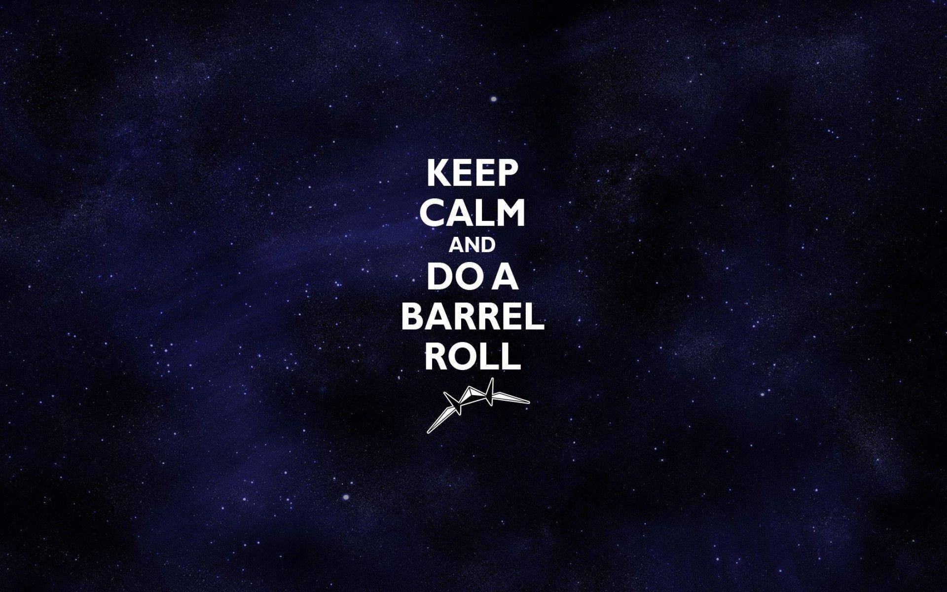 星空夜空，白色文字寫著「Keep Calm and Do a Barrel Roll」，並有一個小型噴射機圖示。