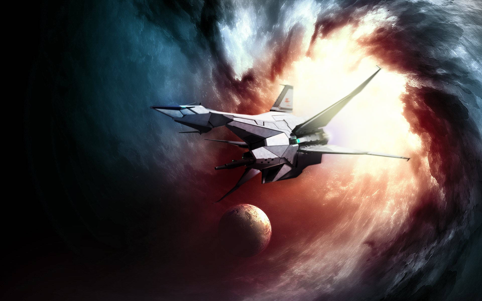 星之卡比阿爾溫戰機飛行於太空 壁紙 — 一架流線型未來戰機在宇宙星雲中翱翔，下方有一顆發光的行星。