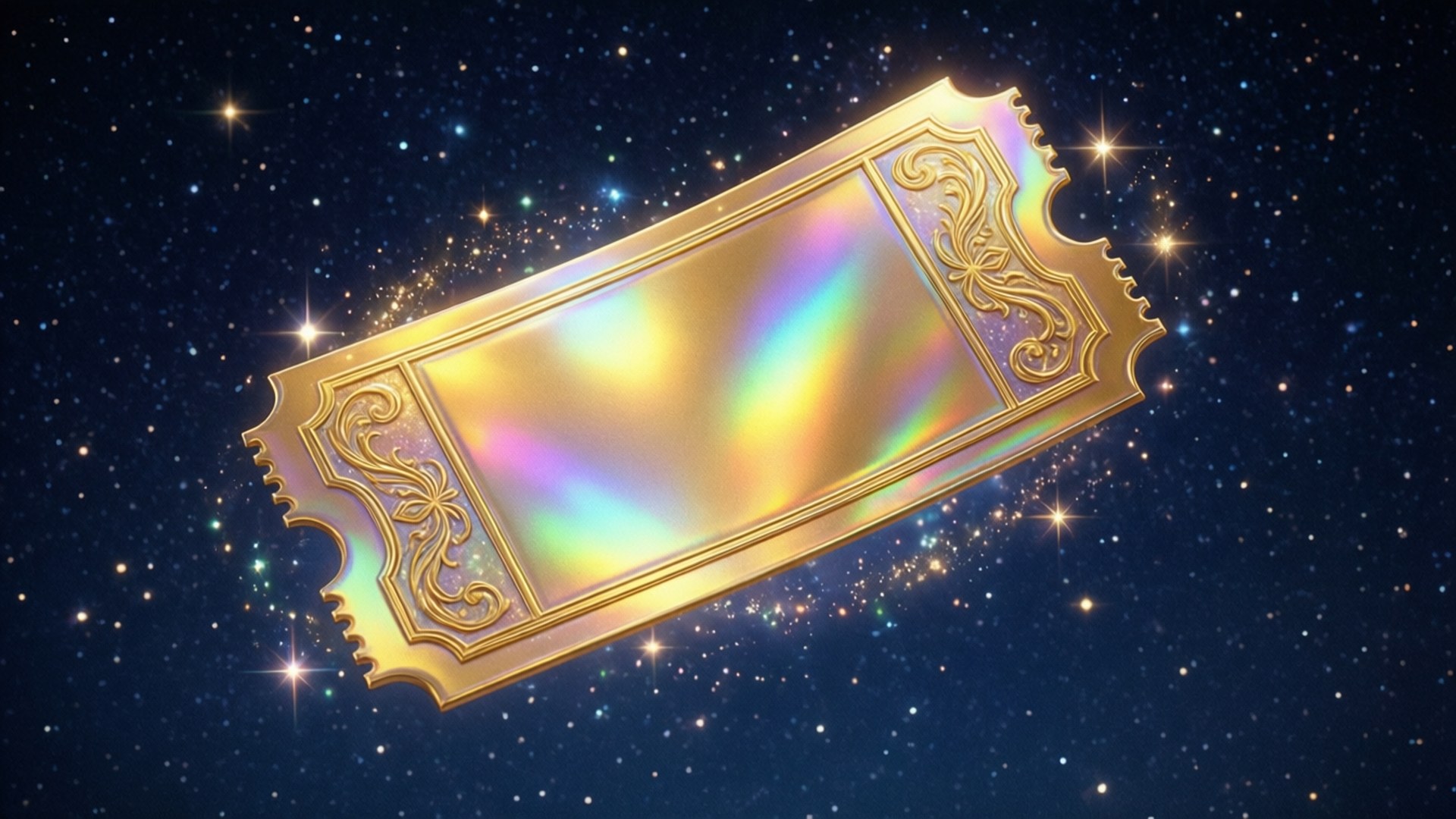 金色門票帶彩虹光澤漂浮在星空
