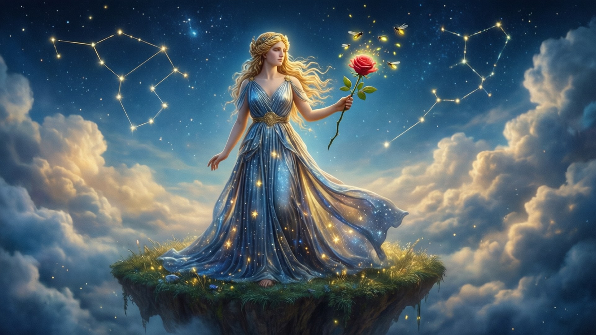 一位身穿藍袍的女神在星空下的浮島上手持一朵紅玫瑰。