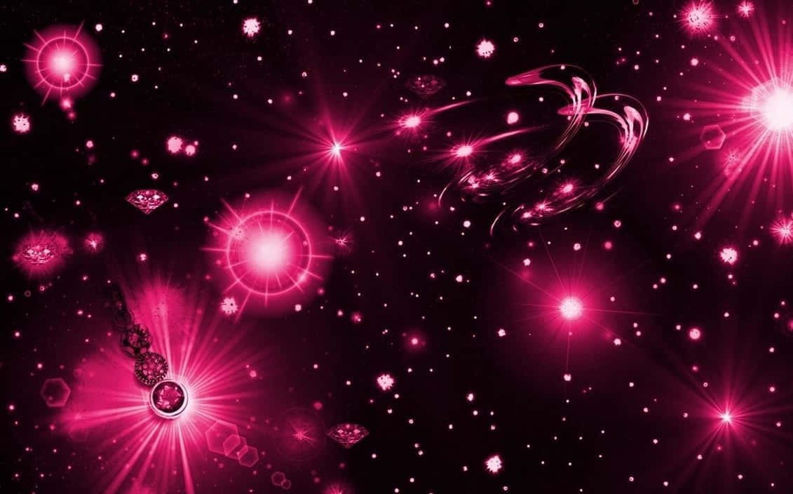 星光黑粉背景 壁紙 — 充滿活力的粉紅色宇宙場景，閃爍的星星、鑽石和旋轉星雲，背景為深色。