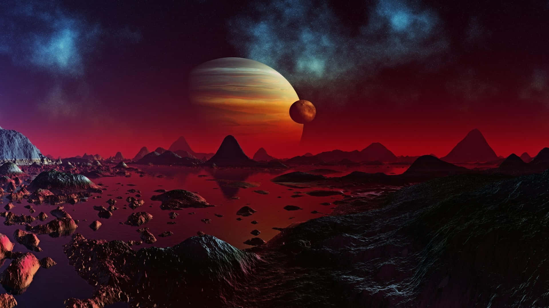 日落時分的外星行星景觀，山脈和湖泊倒映著一顆巨大的條紋行星。
