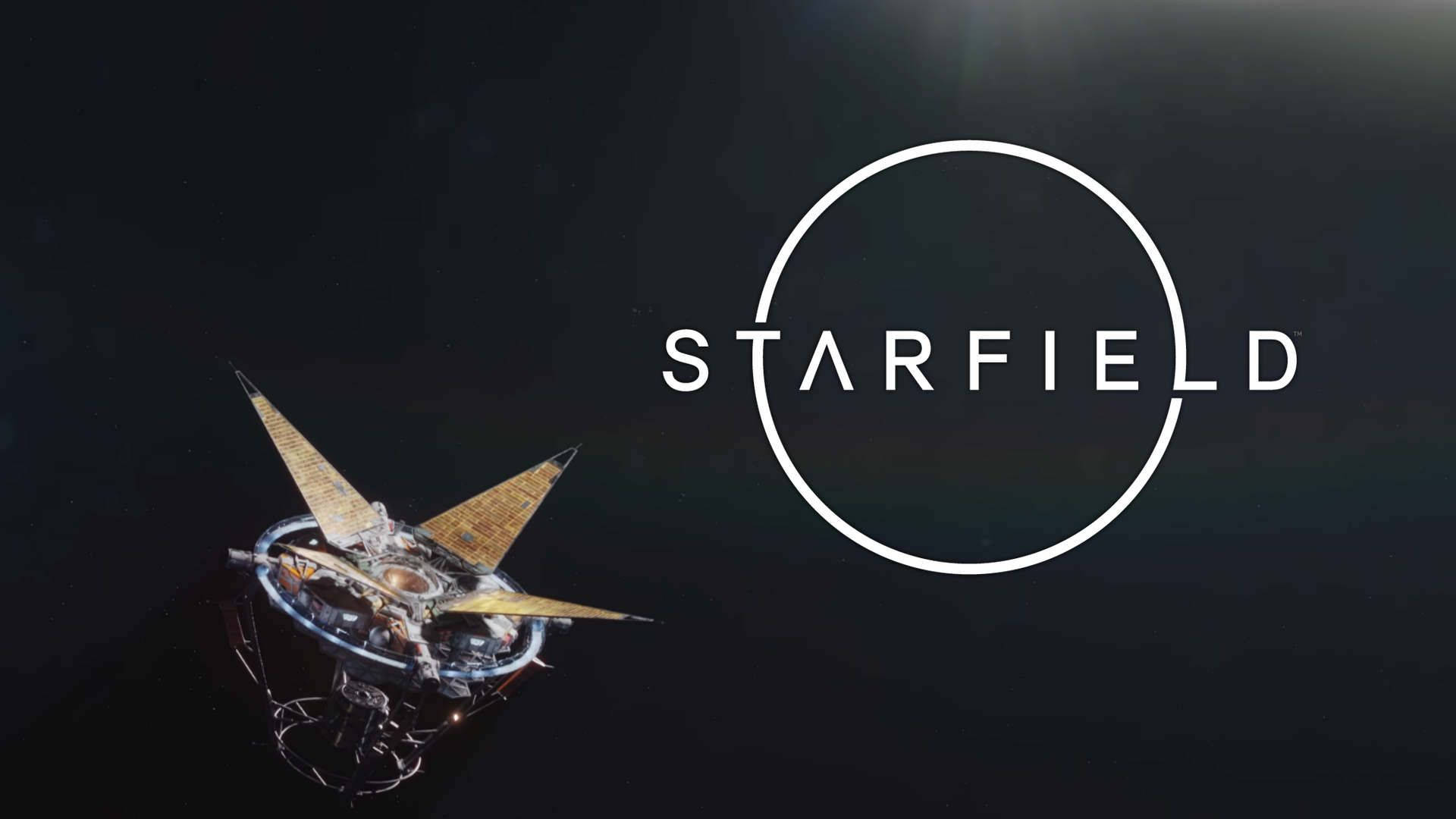 星域旁的衛星 壁紙 — 一艘時尚的未來太空船在黑暗的宇宙中滑行，旁邊是發光的白色Starfield標誌。