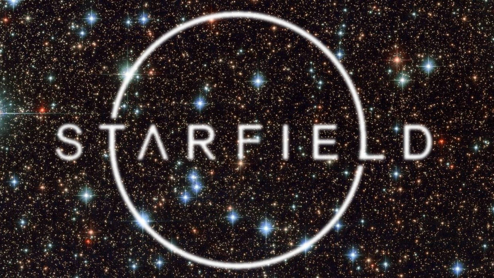 星域與繁星夜空 壁紙 — 「STARFIELD」一詞在閃爍星群密集的背景下，於發光圓形框架內發出白色光芒。