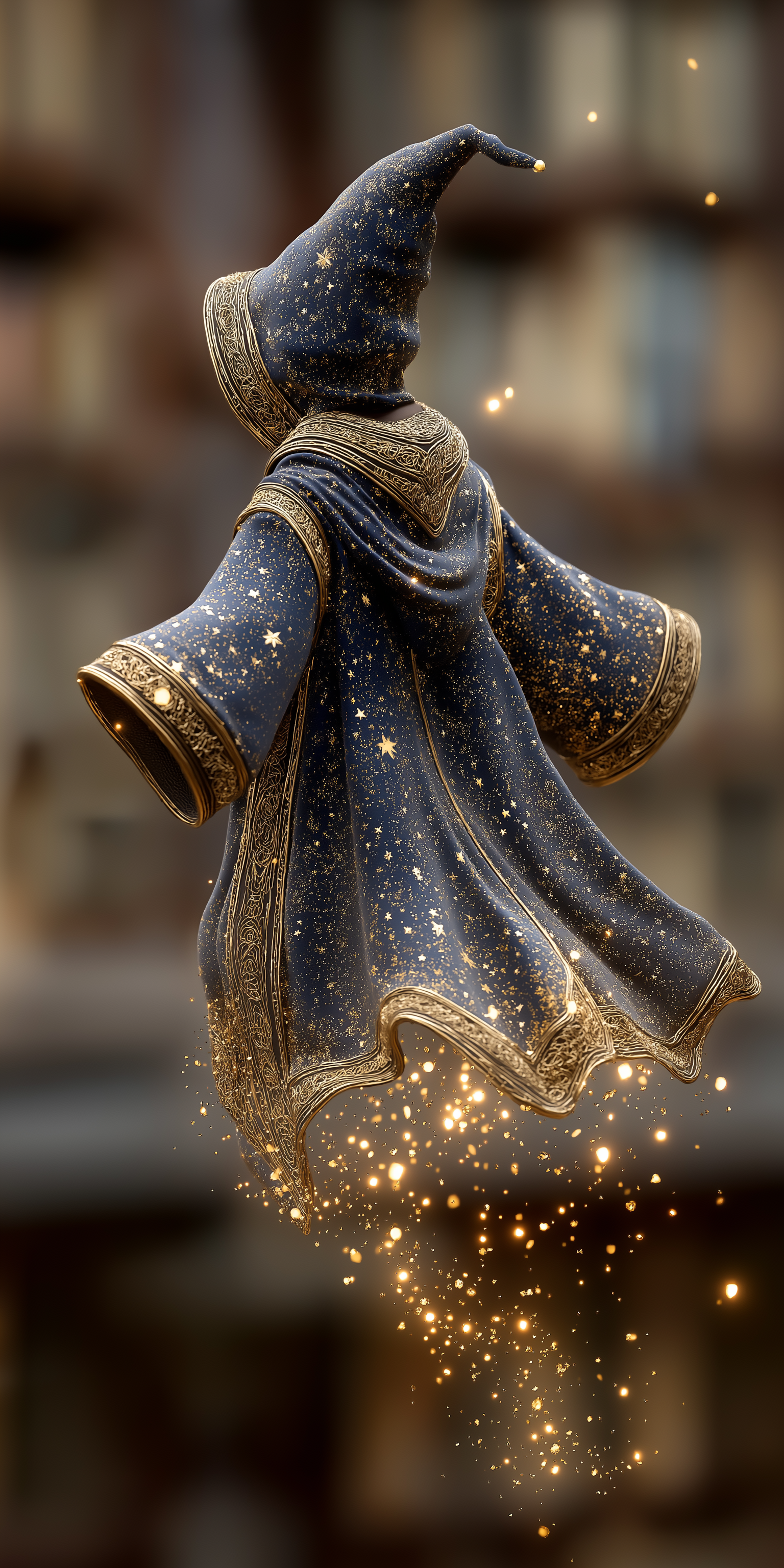 星塵巫師披風 壁紙 — 一件漂浮的巫師袍和帽子，飾有星星和金色鑲邊，在模糊的書架背景上閃爍著發光粒子。