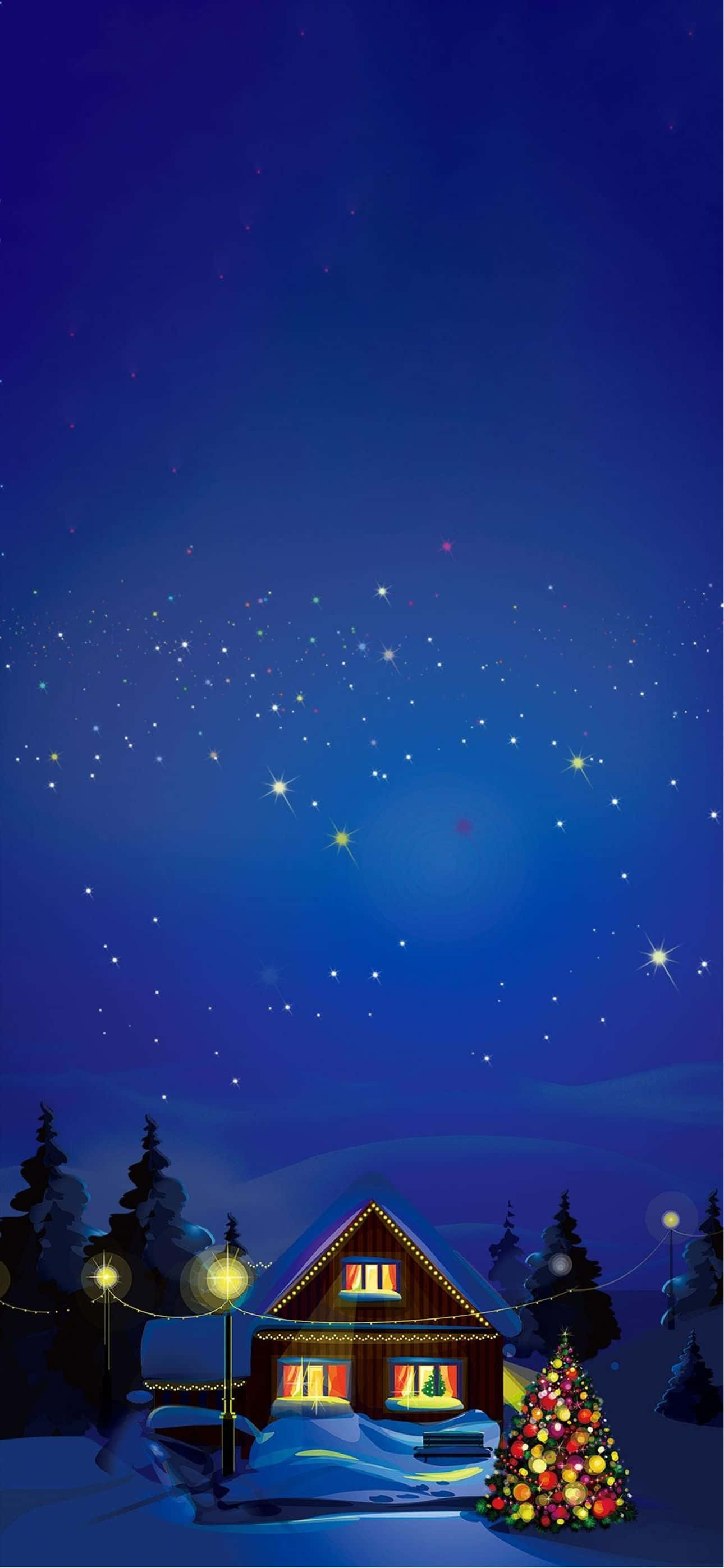 聖誕節 iPhone 桌布 壁紙 — 星夜下，一間舒適的雪覆蓋小屋旁，裝飾好的聖誕樹閃閃發光。