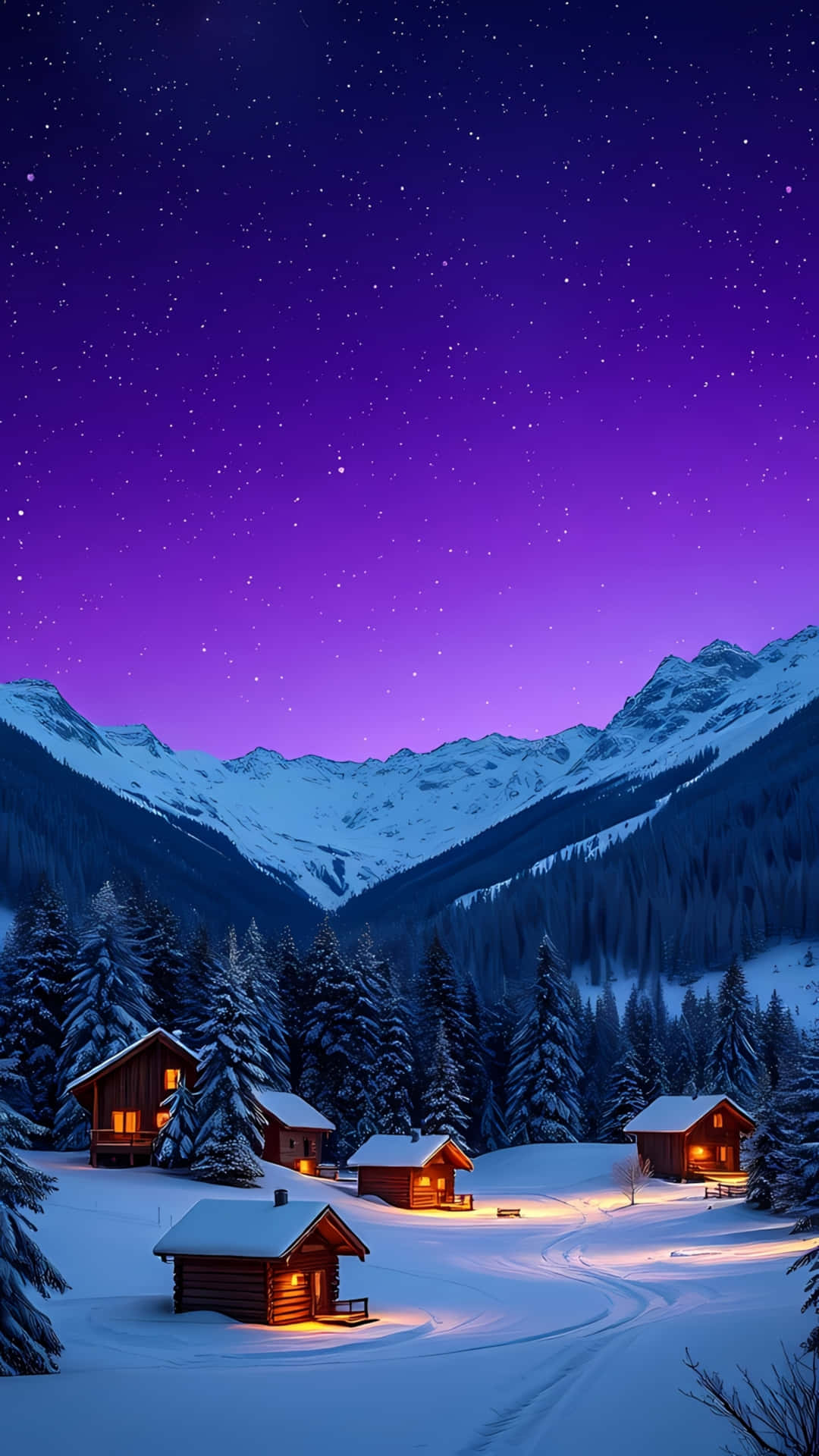 積雪的山間小屋在星空下散發溫暖燈光，紫色天空