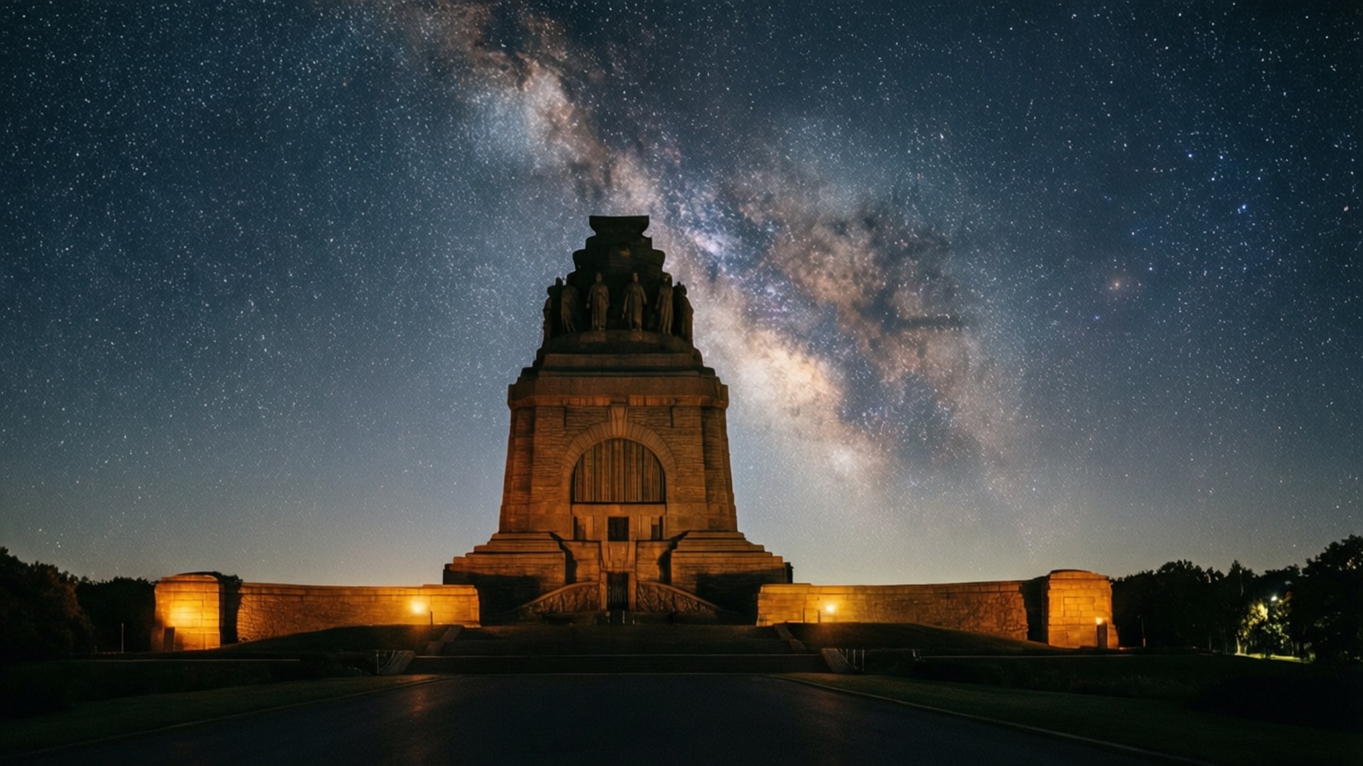 星夜下的紀念碑 壁紙 — 一座宏偉的石碑在令人嘆為觀止的星空下被照亮，銀河拱跨其上。