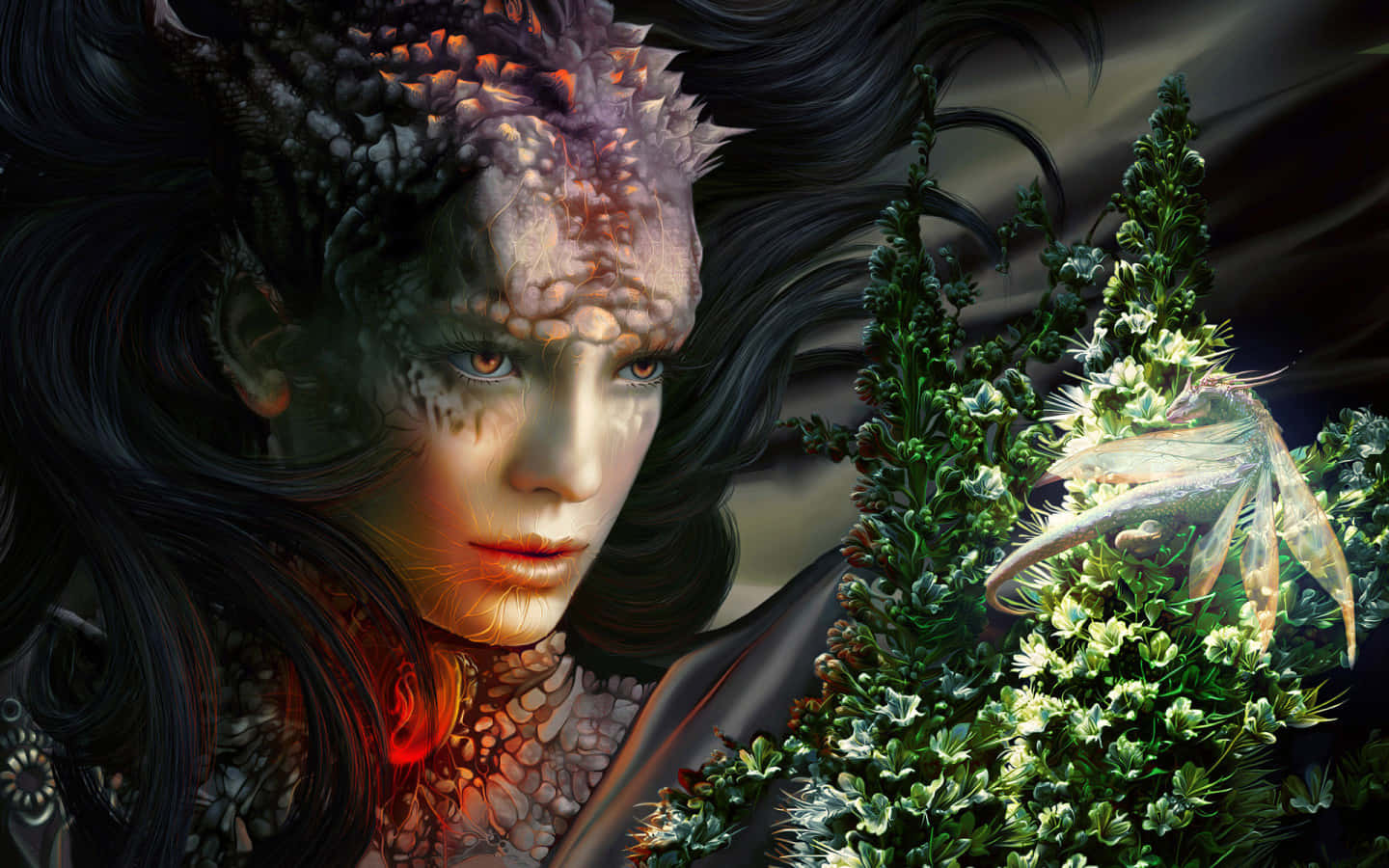 擁有發光眼睛的奇幻女性，旁邊有發光植物和半透明昆蟲。