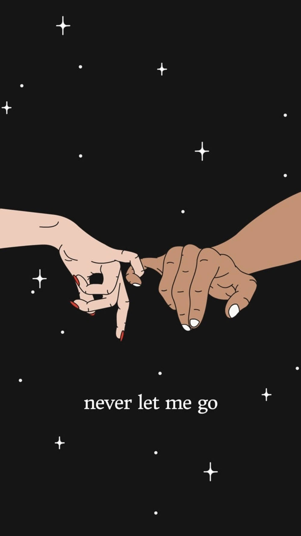 兩隻手在星空下指尖相觸，文字 never let me go