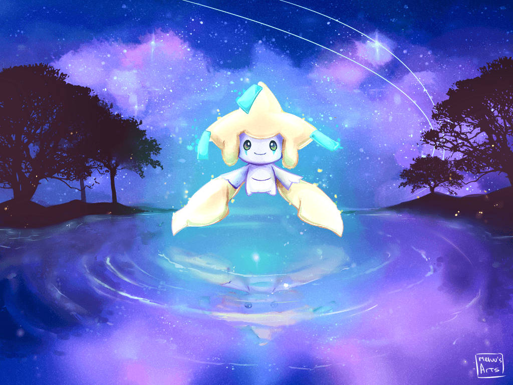 一隻發光的寶可夢在星光燦爛的夜空下，漂浮在神秘的池塘上方。