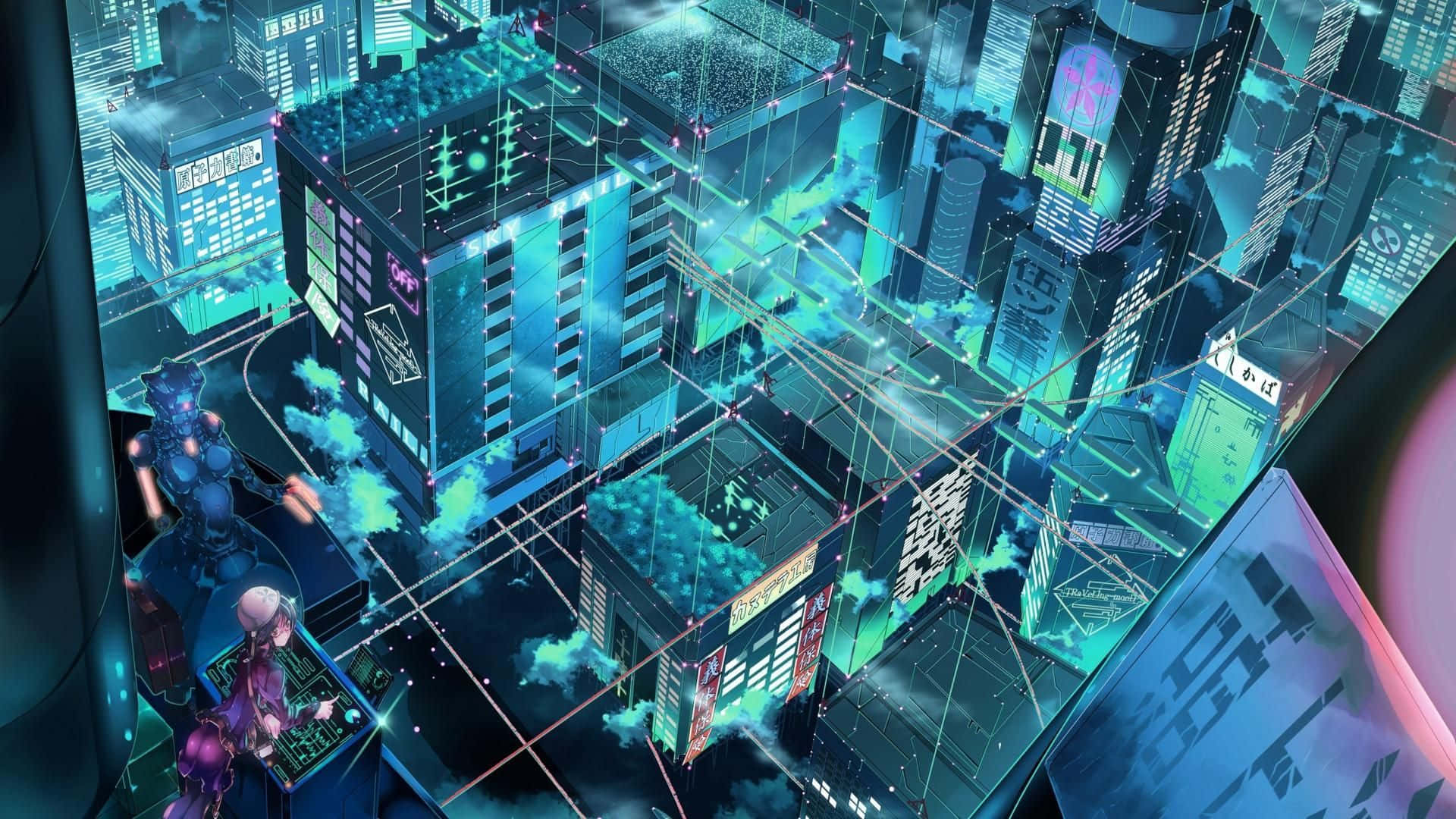 動漫角色在霓虹燈閃爍的賽博龐克城市中，伴隨著浮動的數據流。