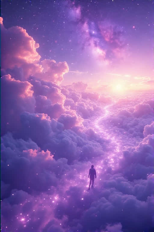 一個人在發光的小徑上穿過色彩繽紛的雲朵，走向明亮的太陽。