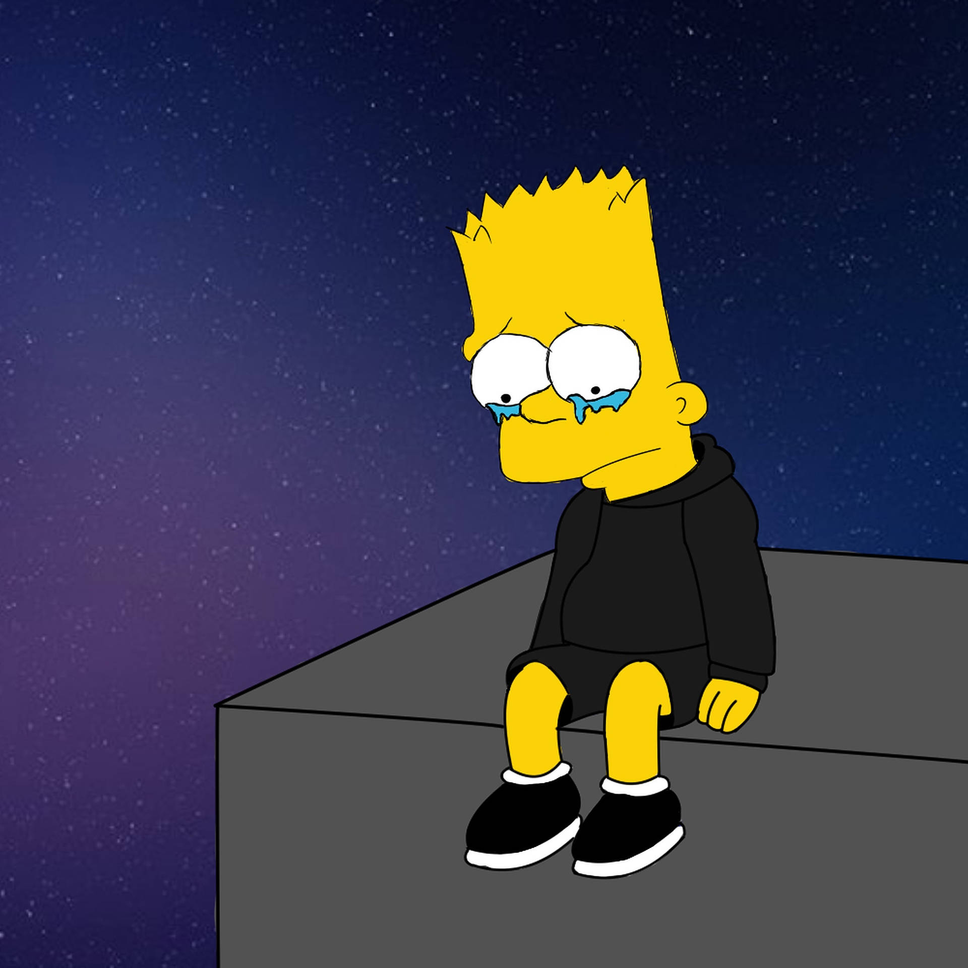 巴特·辛普森在繁星點點的夜空下在屋頂上哭泣。