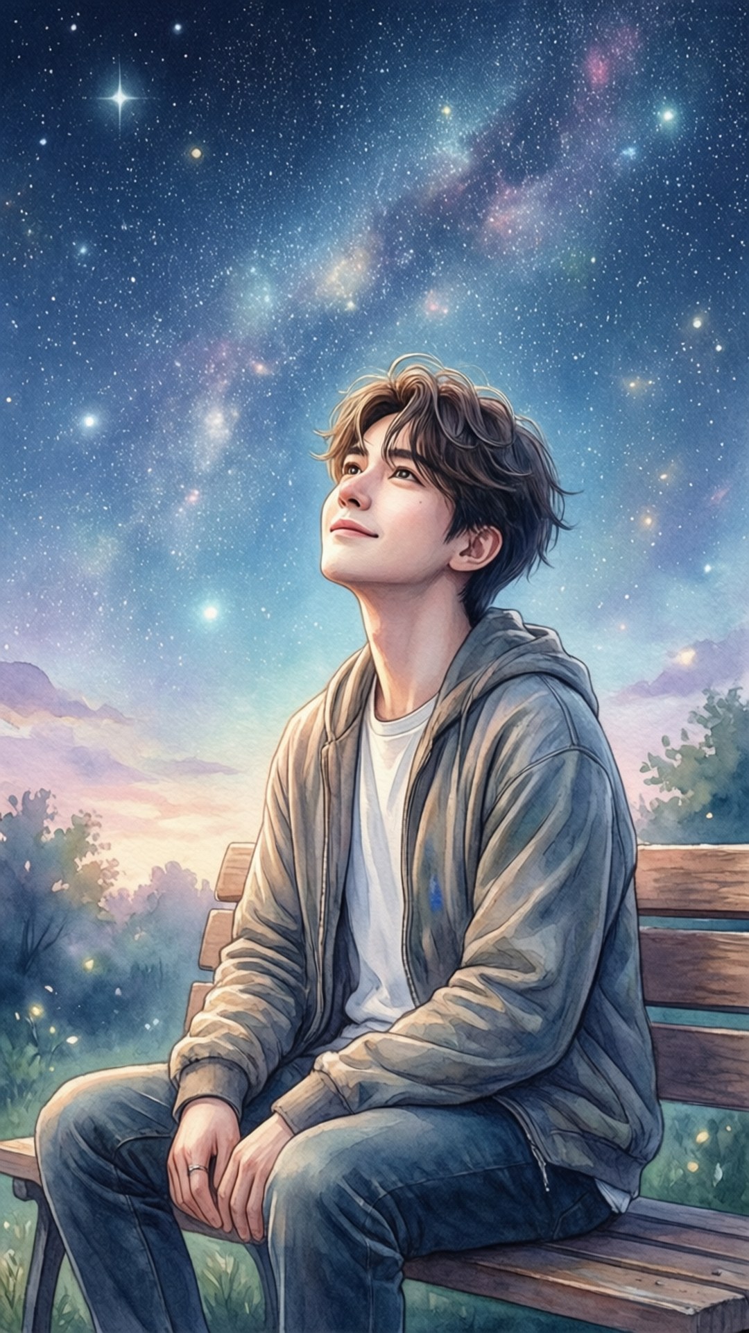 星夜凝望的內斯 壁紙 — 一個穿著連帽衫的年輕男子坐在木長椅上，仰望充滿星雲的燦爛星空。