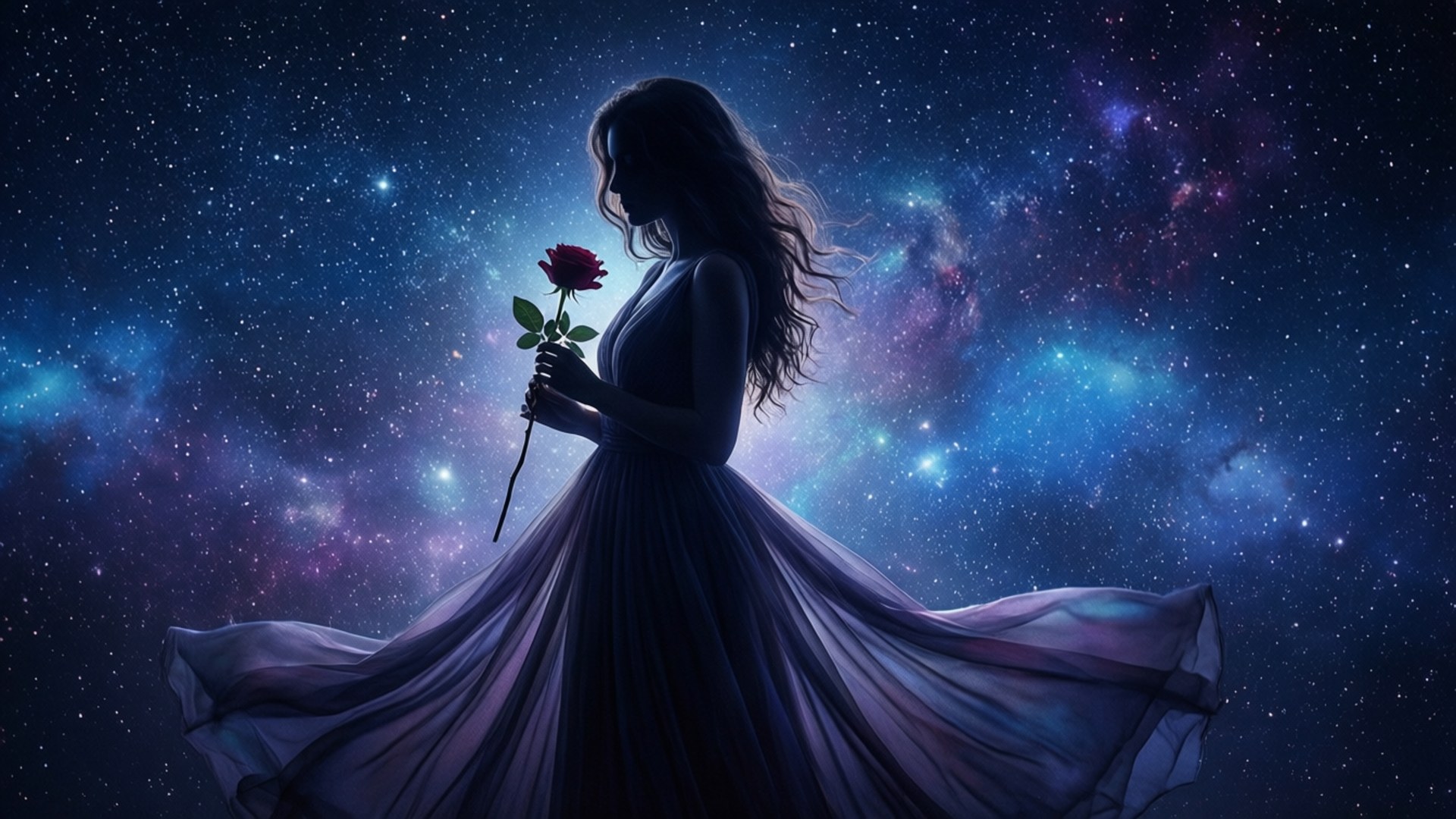 身穿飄逸長裙的女性在星空宇宙背景下手持紅玫瑰。
