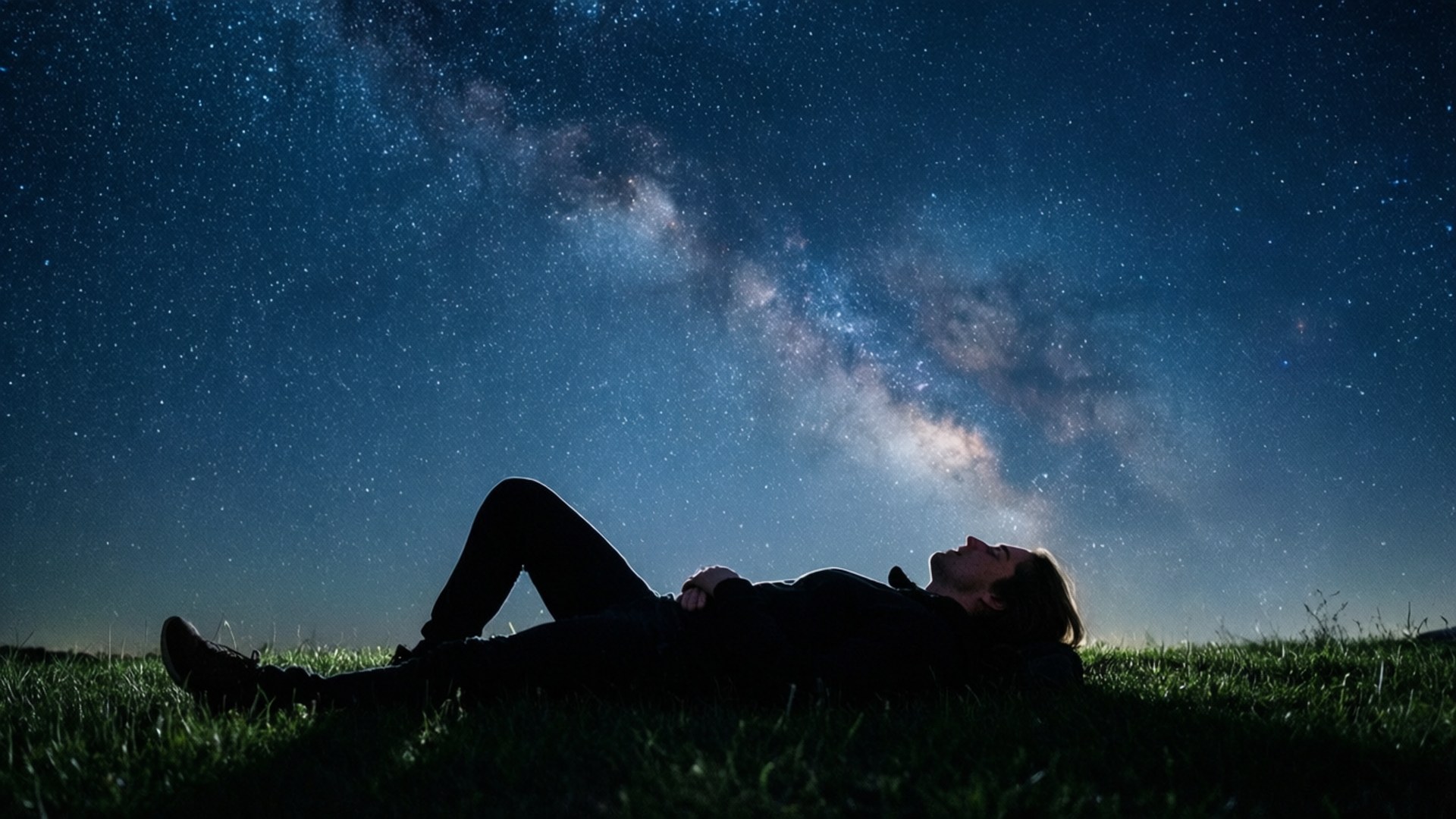星夜呼吸 壁紙 — 一個人以剪影躺在草地上，仰望在繁星夜空閃耀的銀河系。