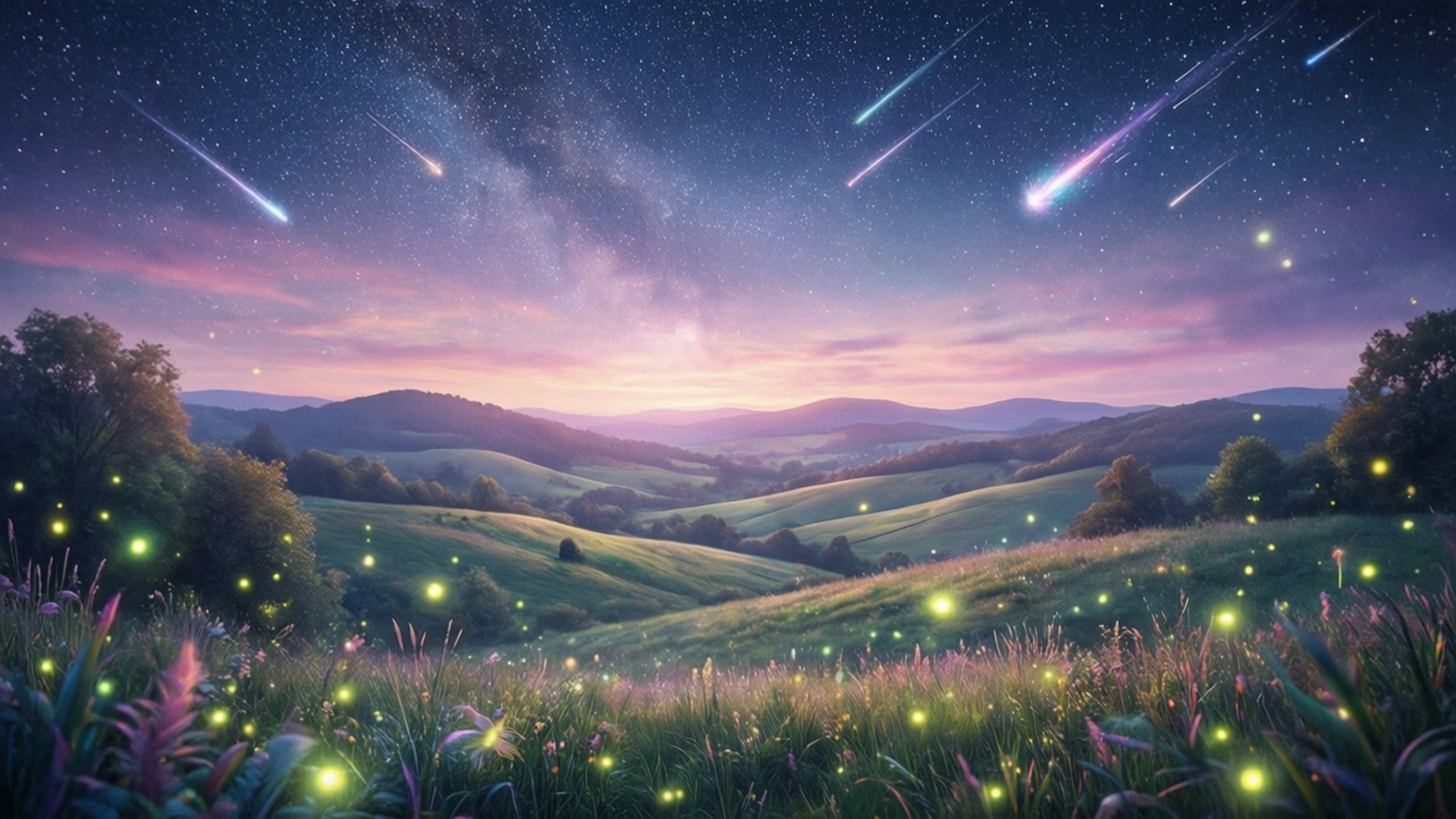 星夜夢境 壁紙 — 一個神奇的暮色景觀，有連綿起伏的綠色山丘、在繁星點點的天空下閃爍的螢火蟲，天空中有流星劃過。