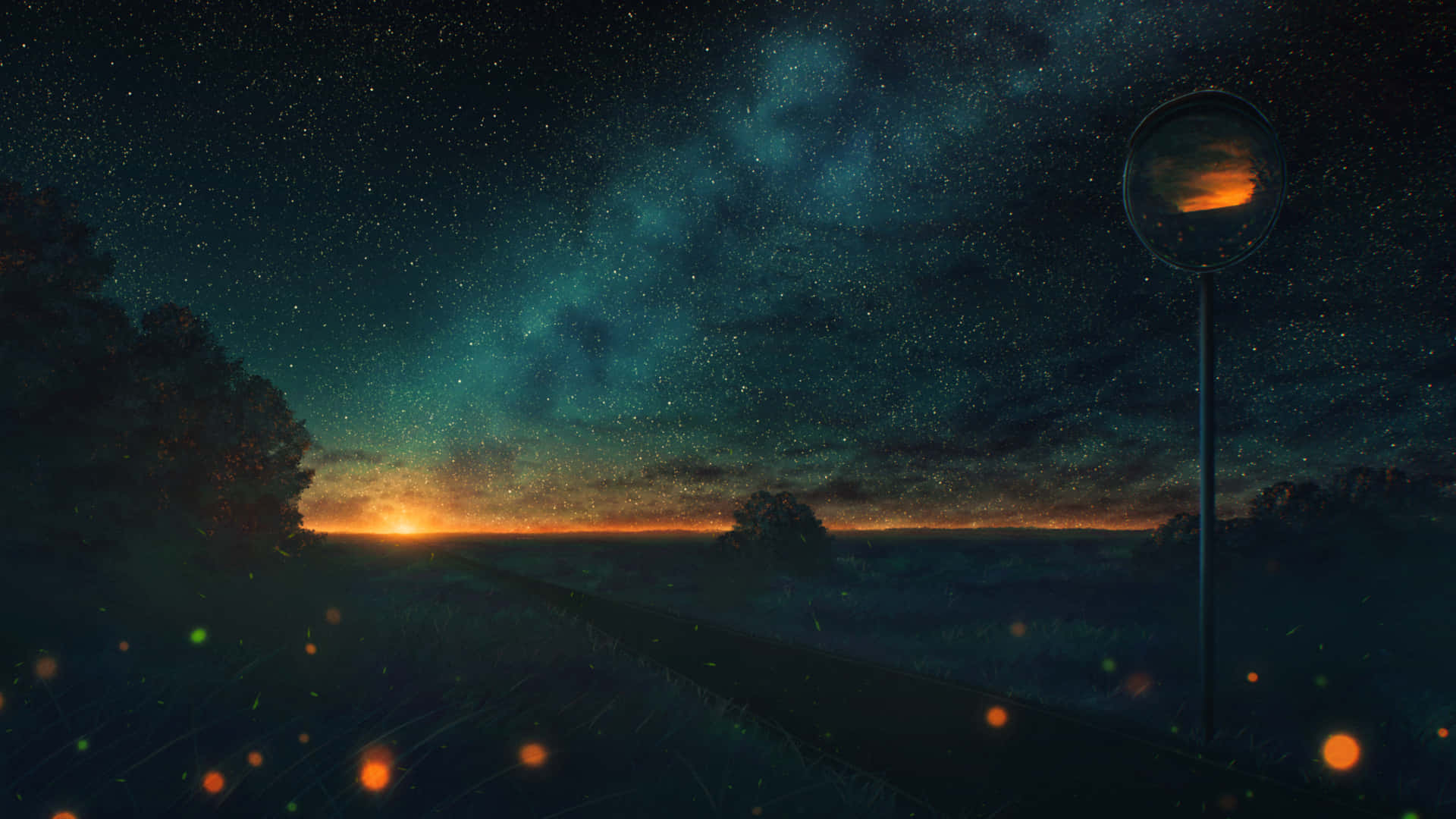 星空下的一條黑暗道路，有發光的螢火蟲和溫暖的地平線光芒。