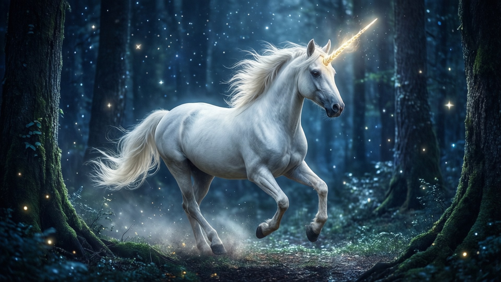 一隻發光的獨角獸在夜晚穿過黑暗的魔法森林奔跑。