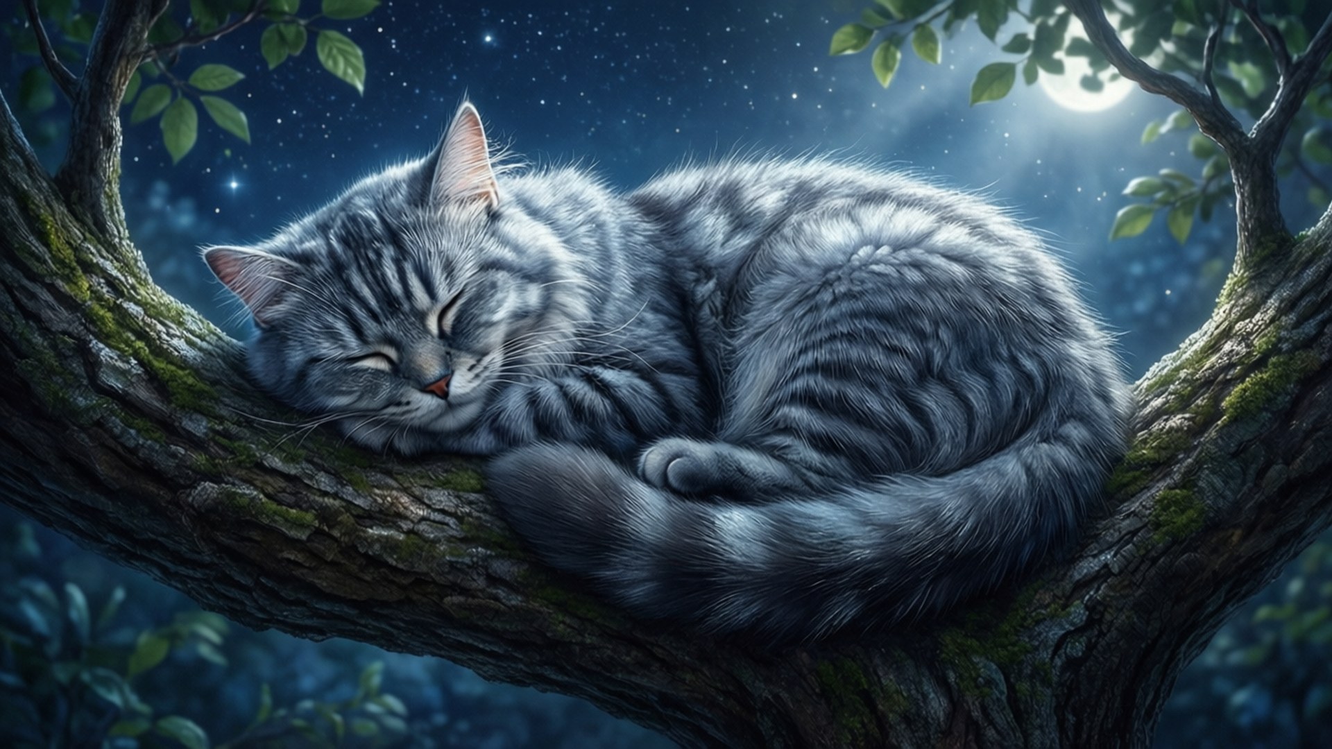 星夜安眠 壁紙 — 一隻銀色虎斑貓在星光燦爛的夜空下，在長滿苔蘚的樹枝上蜷縮著安詳入睡，月亮閃耀著光芒。
