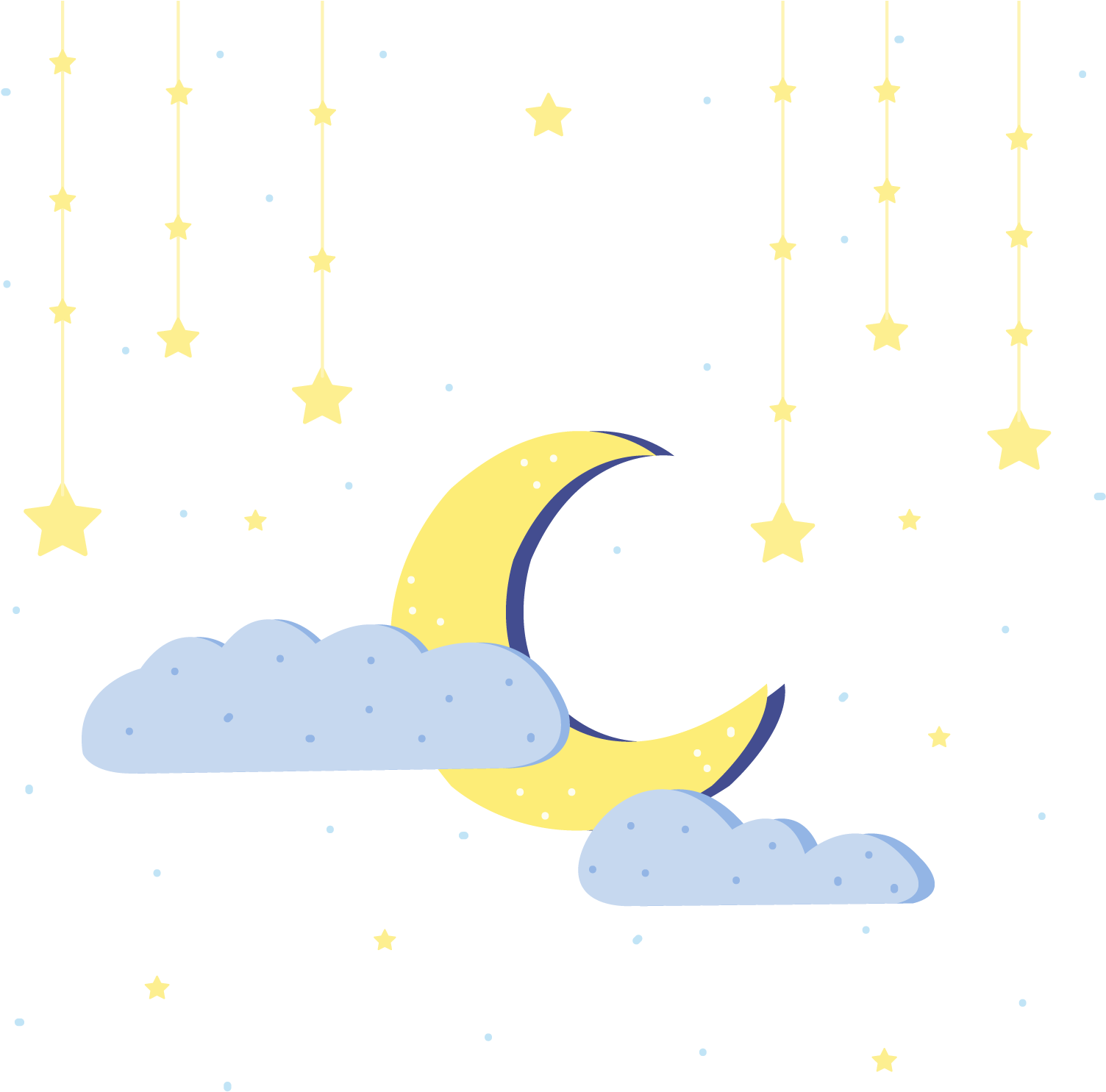 星夜彎月 壁紙 — 一個奇特的夜空，有黃色的新月和淺藍色的雲，點綴著懸掛的金色星星，背景為黑色。