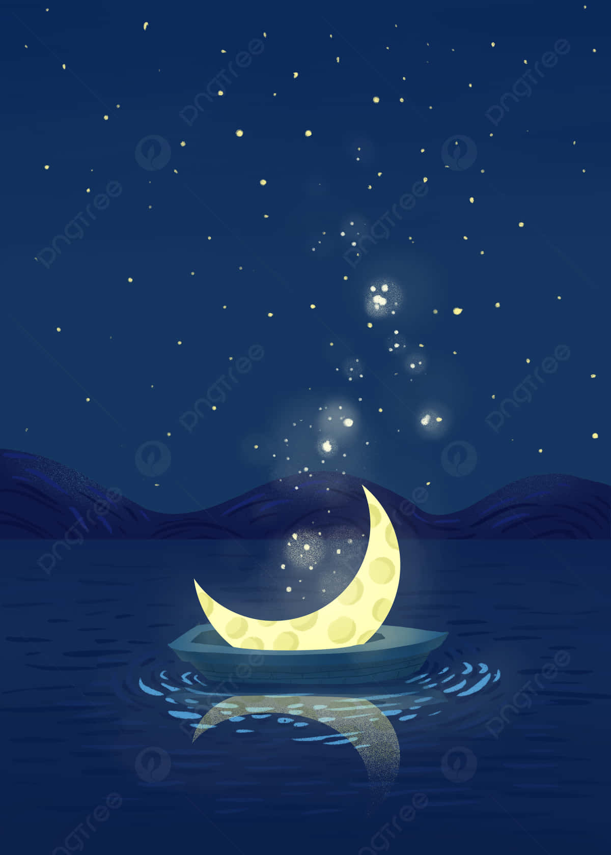 星夜彎月插畫 壁紙 — 一輪發光的彎月寧靜地漂浮在平靜水面上的小船中，下方是繁星點點的夜空。