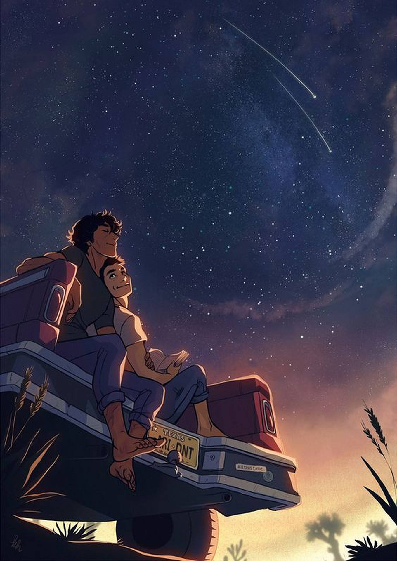 星夜情侶愛情藝術 壁紙 — 兩個年輕男子坐在一輛復古卡車上，頭頂是繁星點點的夜空，流星劃過天際。