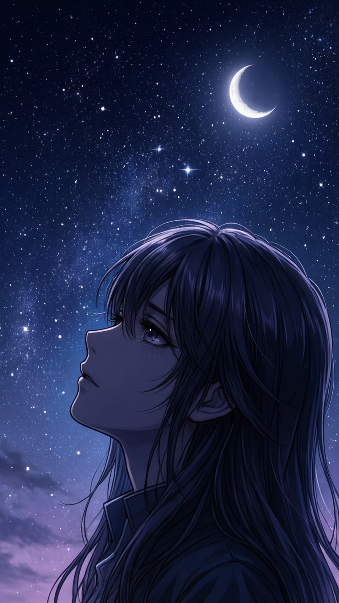 星夜拉庫斯剪影 壁紙 — 一位年輕的動漫女孩，深色頭髮，仰望新月和星空。