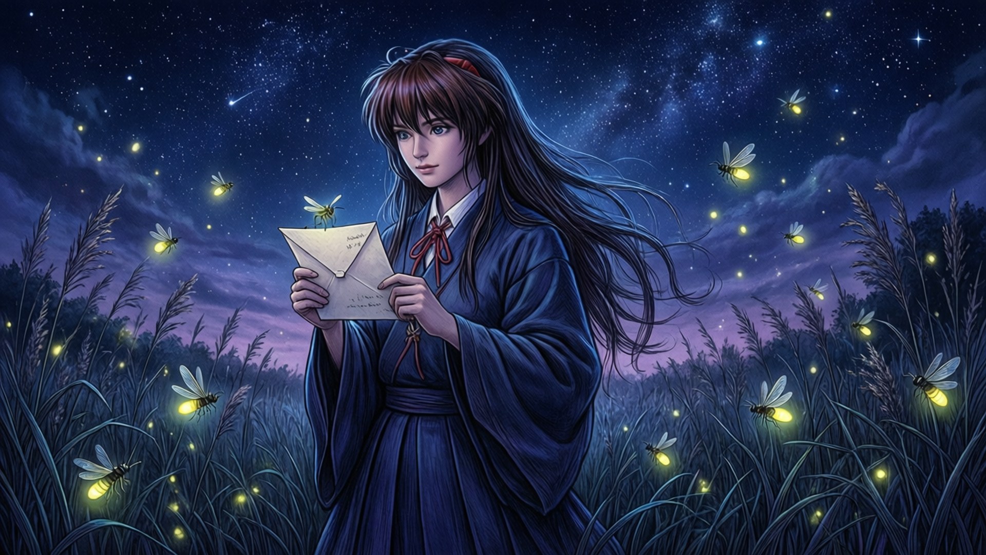 身穿藍色和服的年輕女子在星空下與發光的螢火蟲一起閱讀信件。