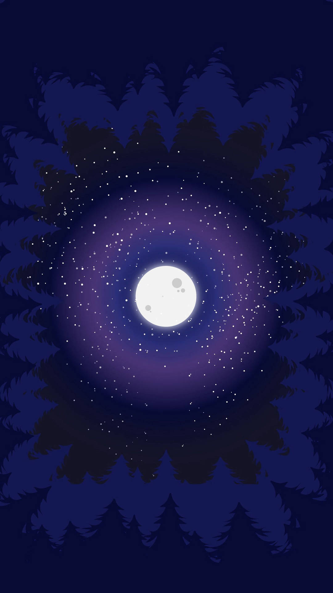 滿月在星空下照耀著倒映的松樹。