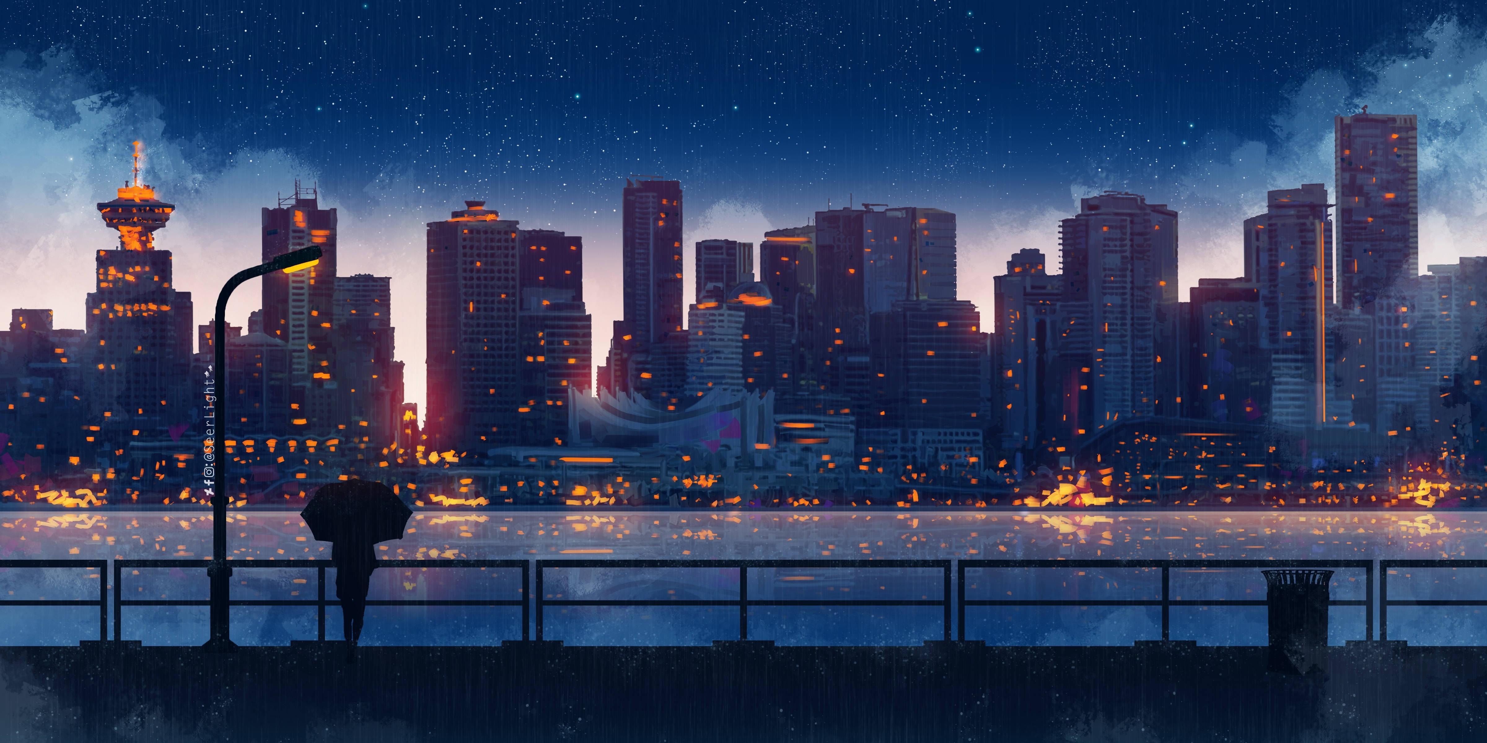 星夜河畔高樓 4K 壁紙 — 一個孤獨的身影撐著傘，站在海濱碼頭上，在繁星點點的夜空下，凝視著水中倒映的璀璨城市景觀。