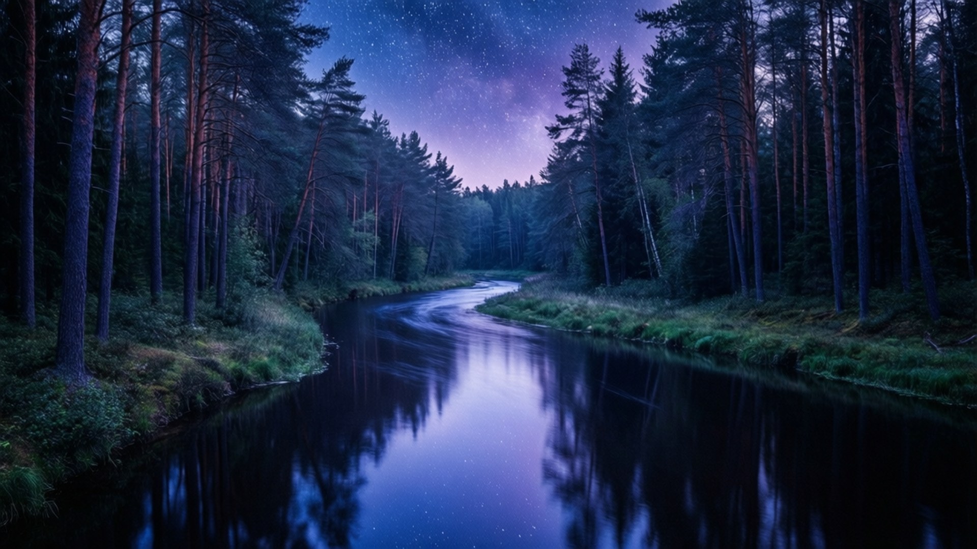 蜿蜒的河流在夜晚的寂靜松樹林中映照出繁星點點的紫色天空。